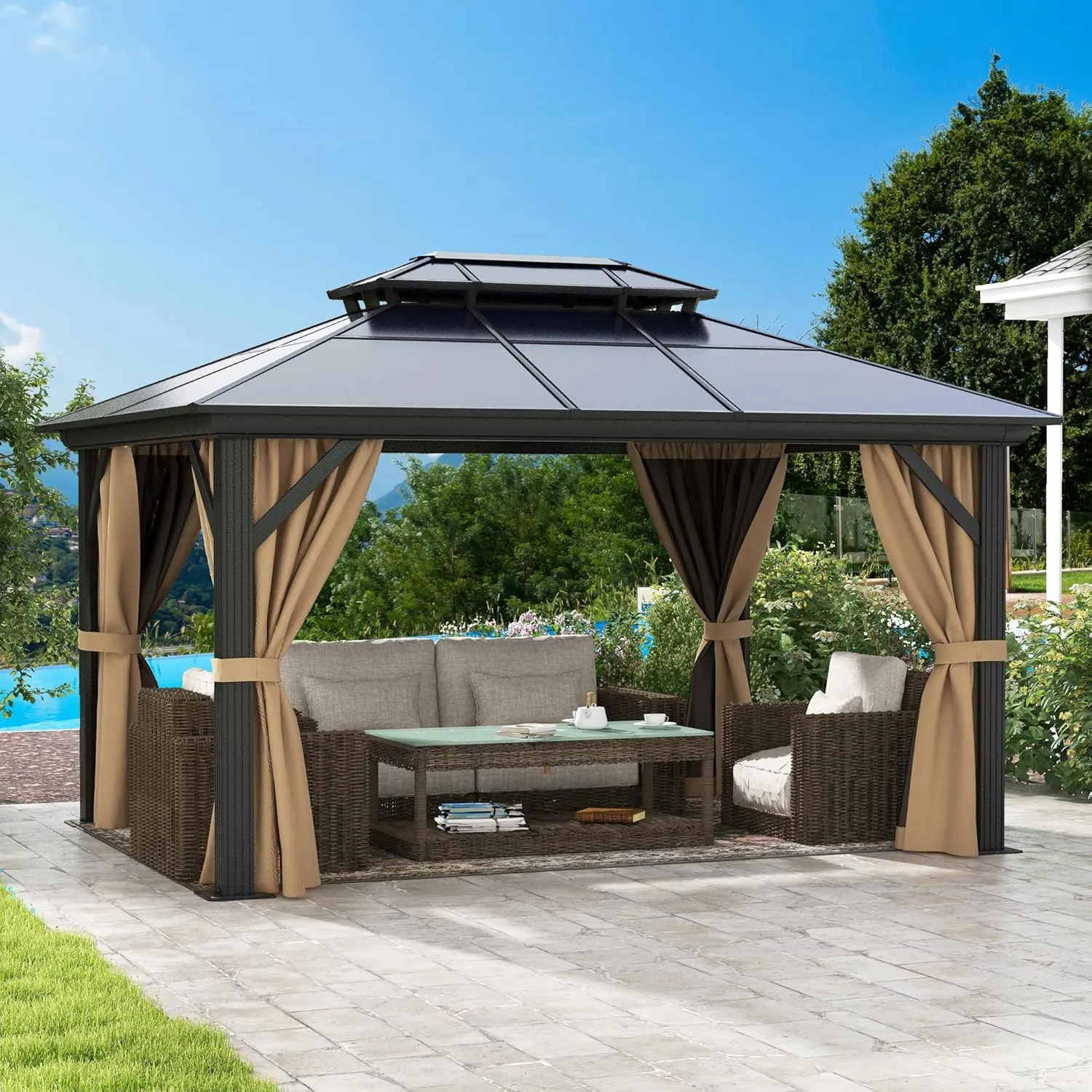 DWVO 10x12ft Hardtop Gazebo Double Roof Polycarbonate Canopy Outdoor with Netting and Shaded Curtains, Aluminum Frame Garden Tent for Patio, Backyard, Deck and Lawns, Brown