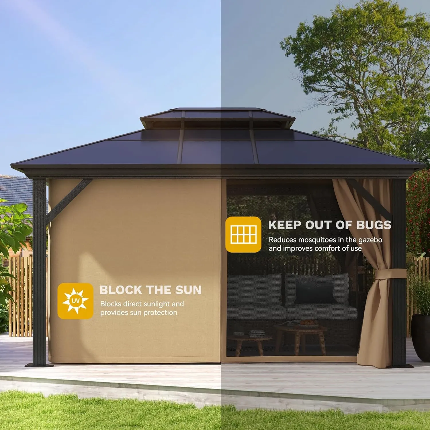 DWVO 10x12ft Hardtop Gazebo Double Roof Polycarbonate Canopy Outdoor with Netting and Shaded Curtains, Aluminum Frame Garden Tent for Patio, Backyard, Deck and Lawns, Brown
