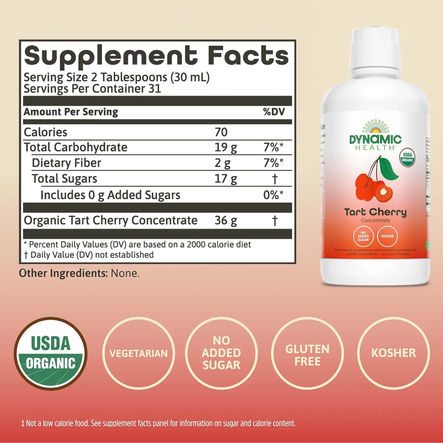 Dynamic Health Organic Tart Cherry Juice, Unsweetened 100% Juice Concentrate, Antioxidants Supplement, No Sweeteners or Additives, Vegan, Gluten Free, BPA Free, 32 oz
