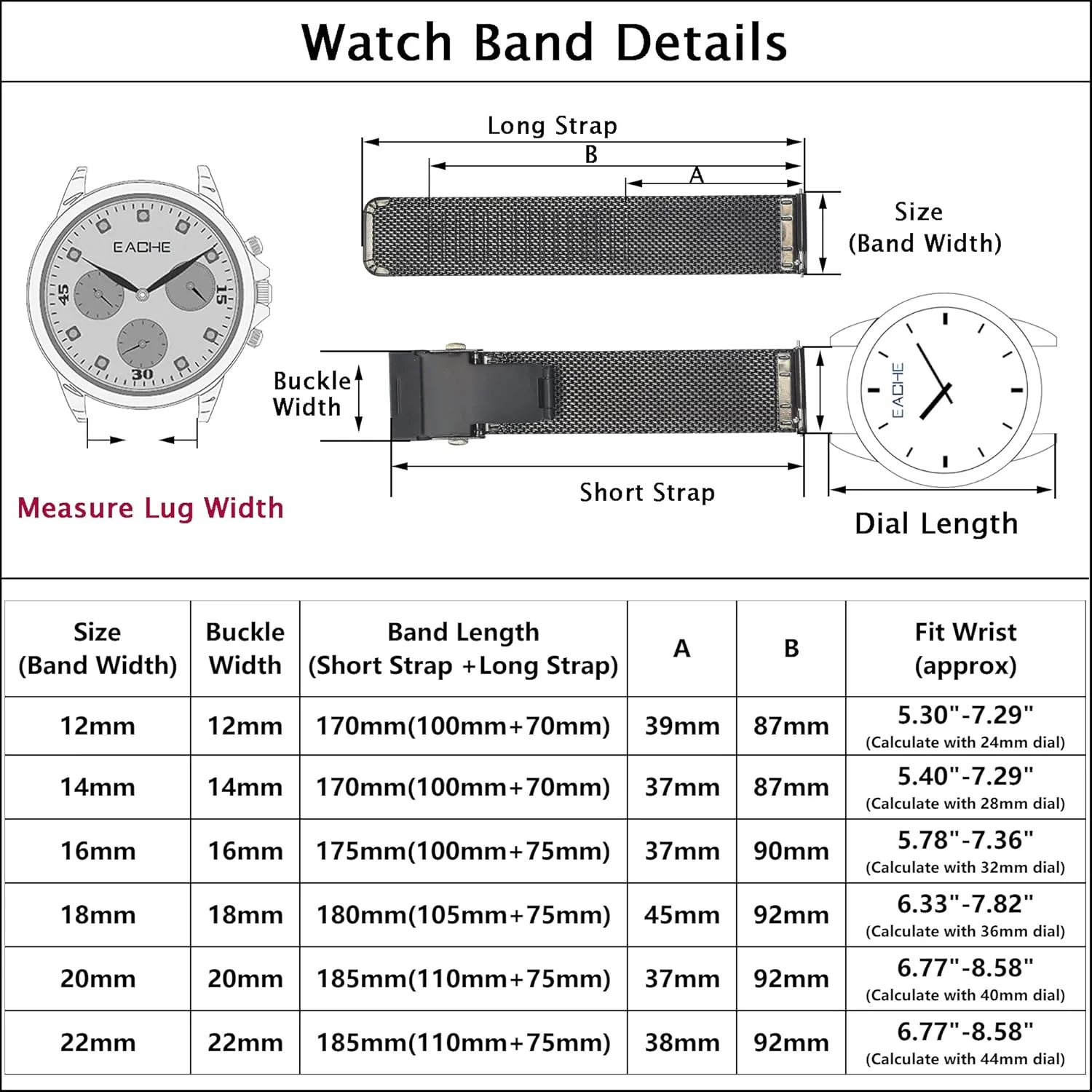 EACHE Stainless Steel Mesh Watch Band for Men Women, Quick Release Mesh Watch Straps 12mm 14mm 16mm 18mm 20mm 22mm