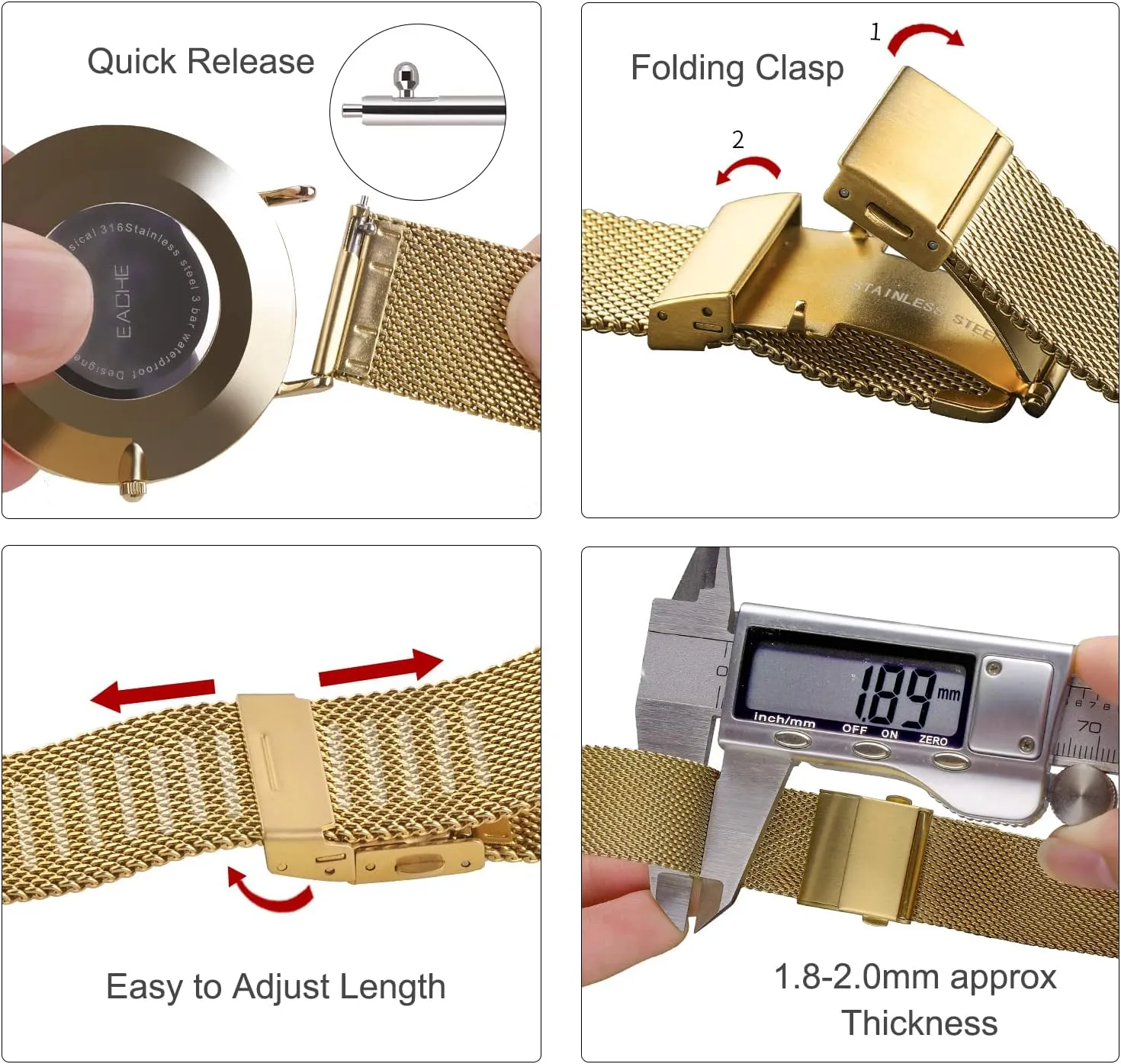 EACHE Stainless Steel Mesh Watch Band for Men Women, Quick Release Mesh Watch Straps 12mm 14mm 16mm 18mm 20mm 22mm