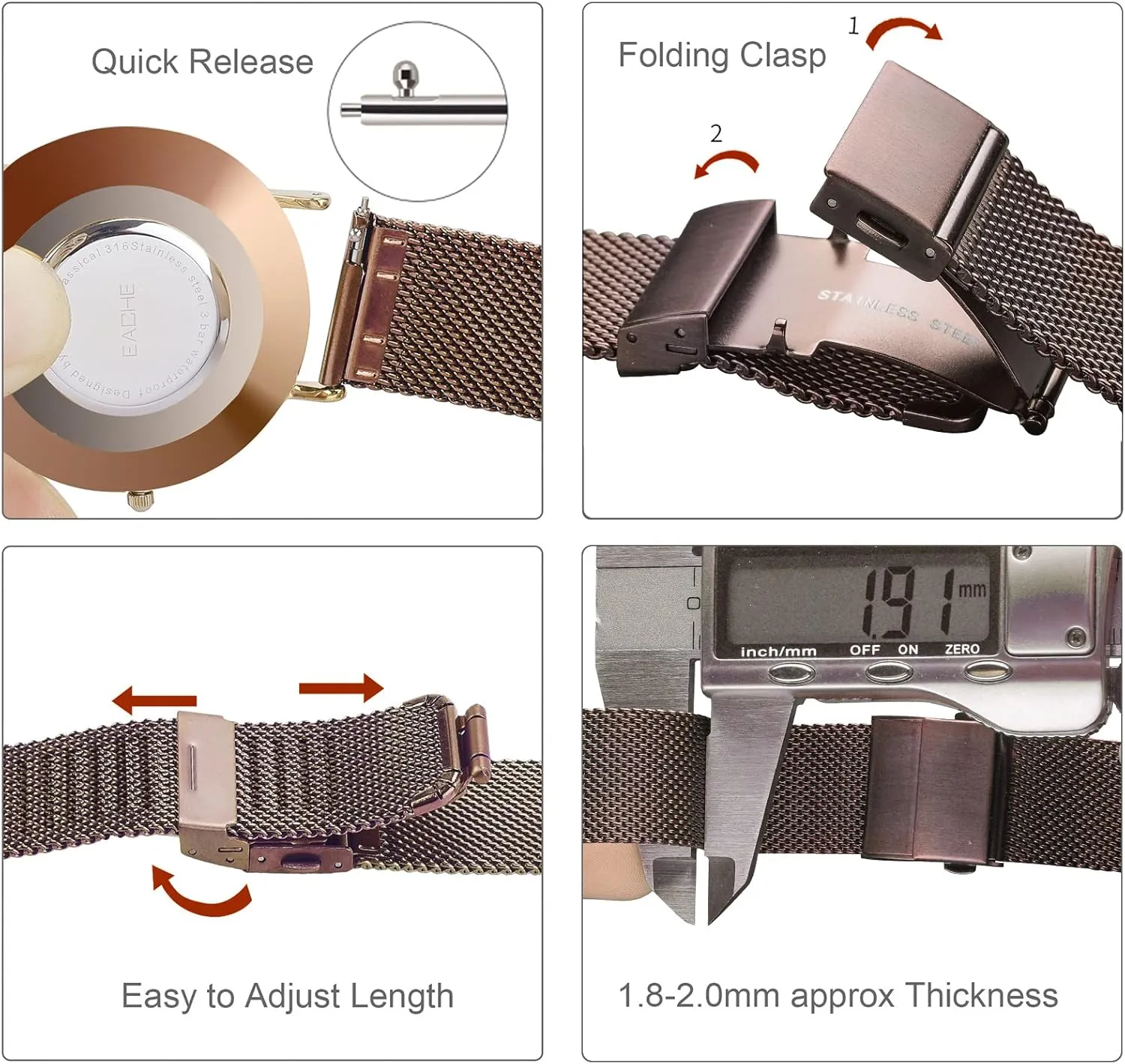 EACHE Stainless Steel Mesh Watch Band for Men Women, Quick Release Mesh Watch Straps 12mm 14mm 16mm 18mm 20mm 22mm