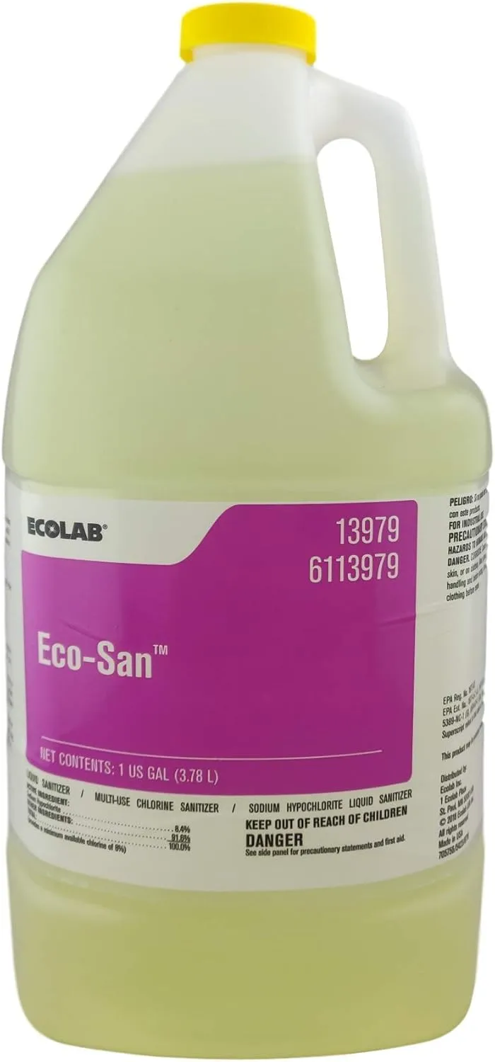 Ecolab Eco-San Commercial-Stregth Sanitizer, 1 Gallon Bottle, Ultra Concentrated, Chlorinated Liquid Sanitizer Great for Use in Multiple Applications