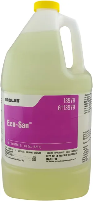 Ecolab Eco-San Commercial-Stregth Sanitizer, 1 Gallon Bottle, Ultra Concentrated, Chlorinated Liquid Sanitizer Great for Use in Multiple Applications