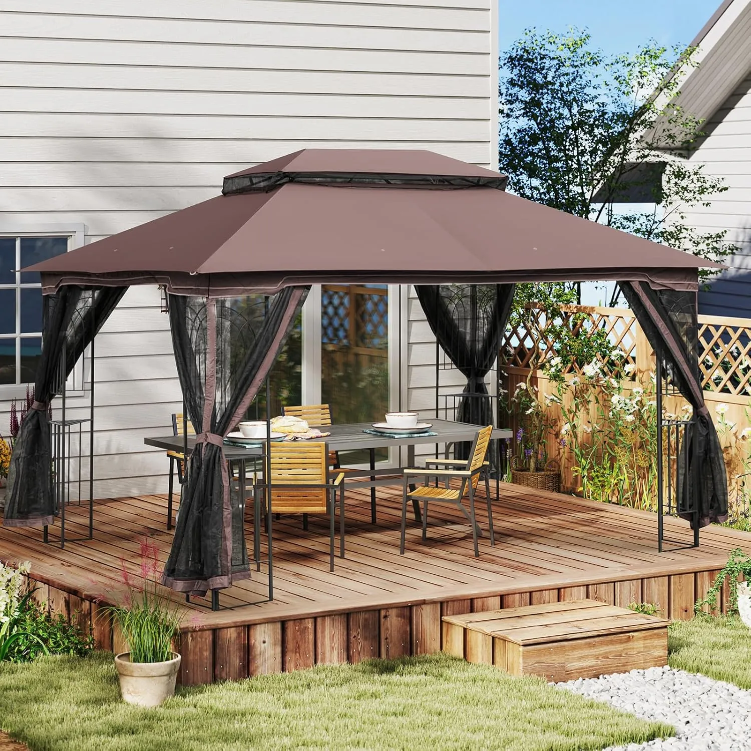 ECOTOUGE Outdoor Gazebo 10'x13', Heavy Duty Canopy Tent with Metal Corner Frame Shelves & Soft Double Roofs, Party Tent Shelter with Mosquito Netting for Patio, Deck, Backyard, Brown