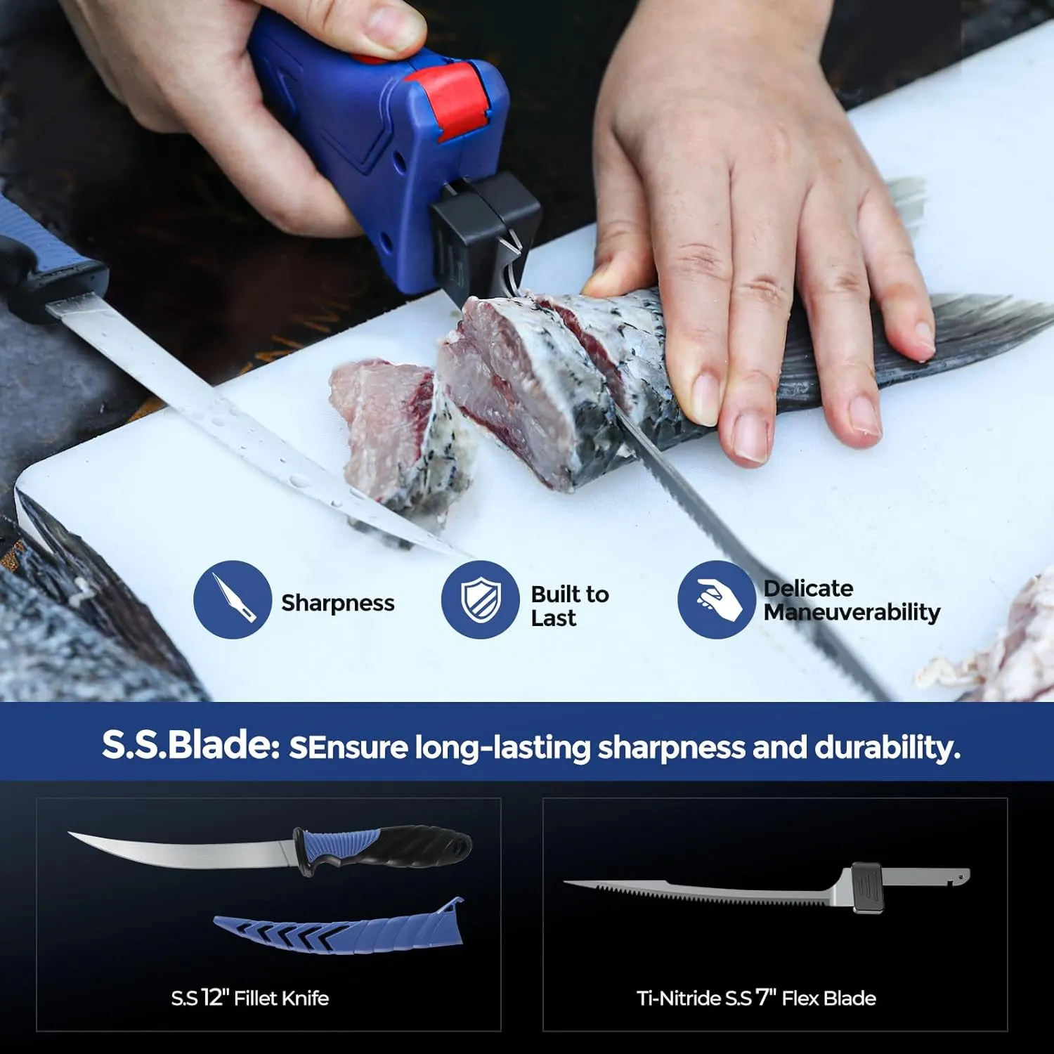 Electric Fillet Knife Cordless Rechargeable Fishing Knife with Stainless Steel Blades, 12V High Torque Motor, 2.0Ah Battery, 12inch Boning Knife,Include Charger, Filleting, Outdoors(Klein Blue)