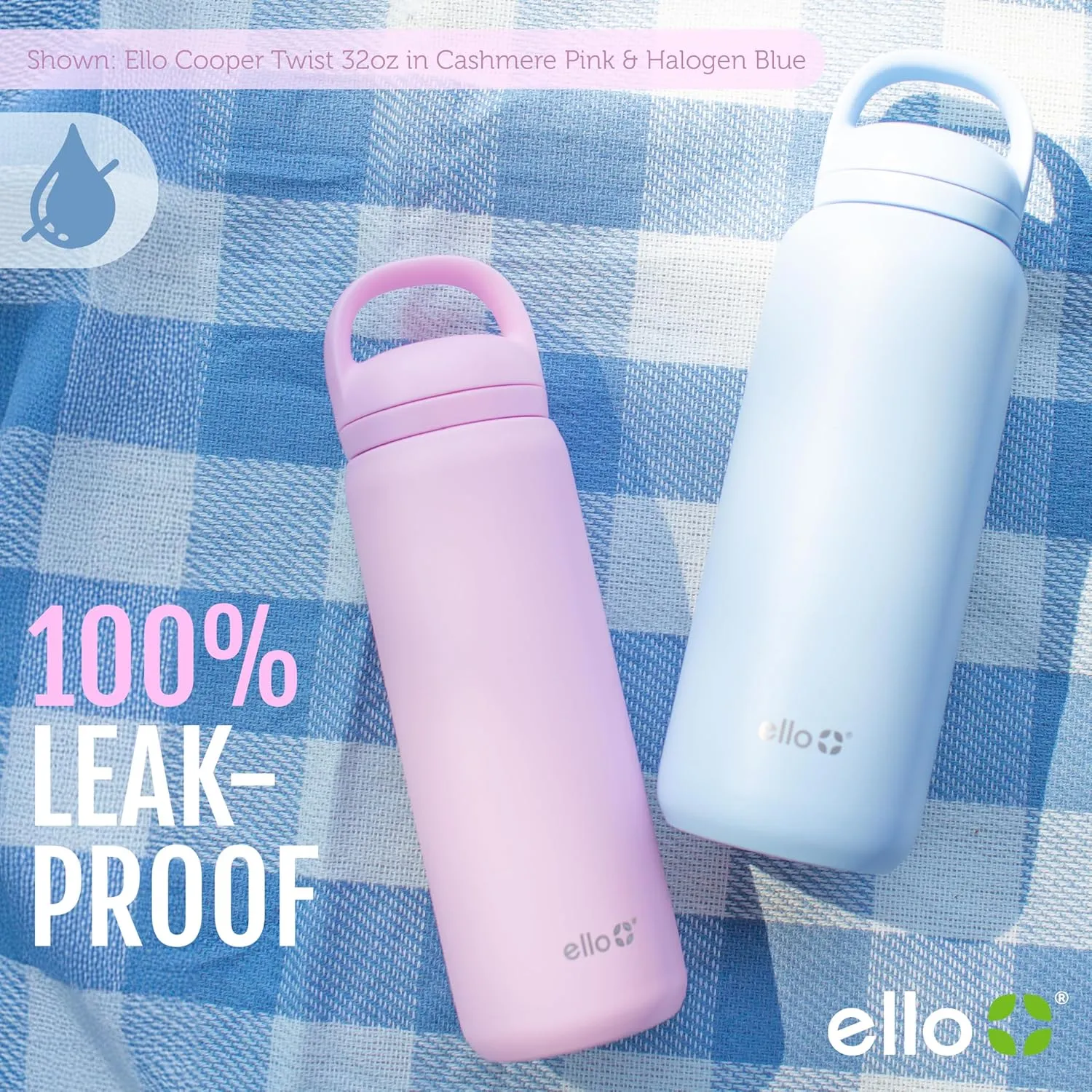 Ello Cooper Twist 32oz Stainless Steel Water Bottle with Chug Lid | Leak Proof | Double Walled and Vacuum Insulated | Built in Carry Loop | Dishwasher Safe | Black