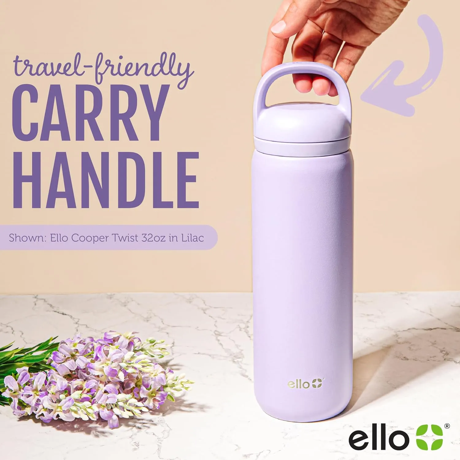 Ello Cooper Twist 32oz Stainless Steel Water Bottle with Chug Lid | Leak Proof | Double Walled and Vacuum Insulated | Built in Carry Loop | Dishwasher Safe | Black