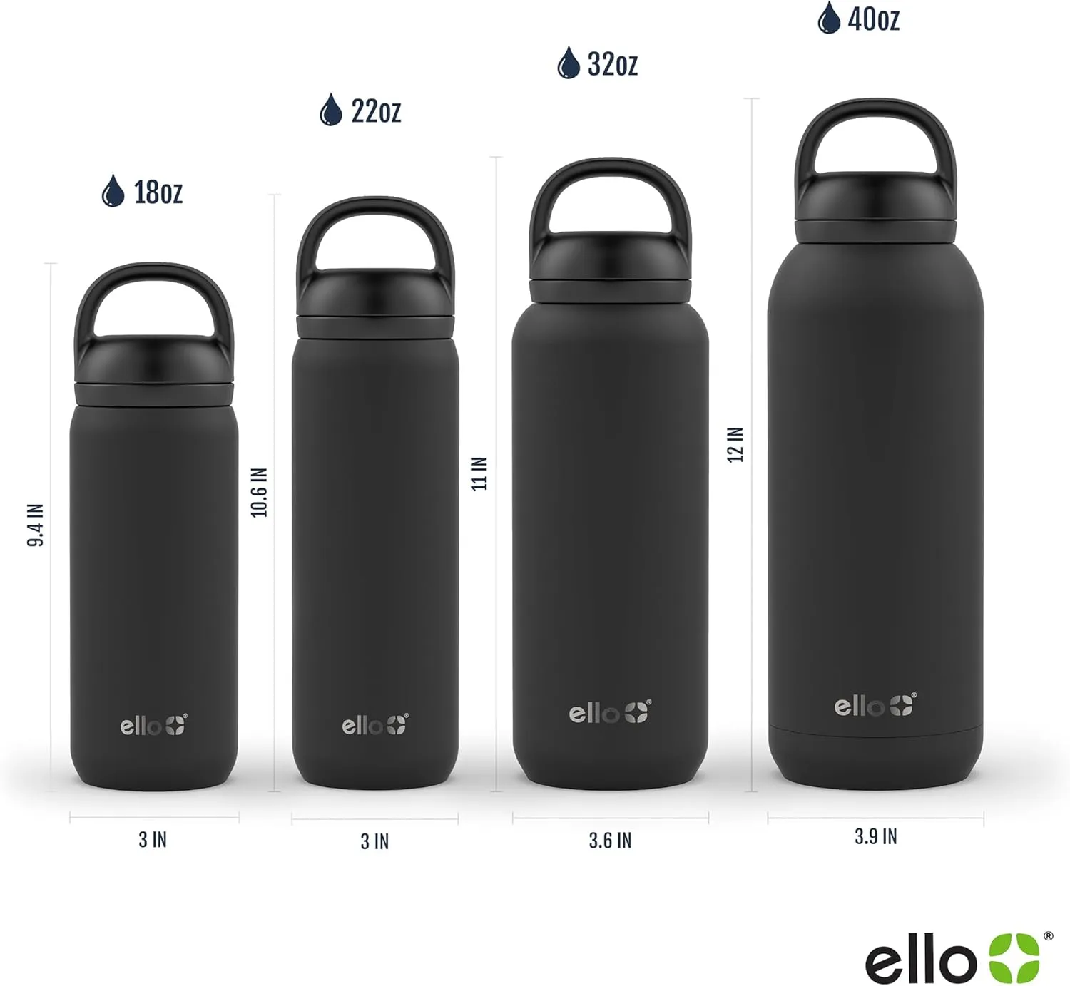 Ello Cooper Twist 32oz Stainless Steel Water Bottle with Chug Lid | Leak Proof | Double Walled and Vacuum Insulated | Built in Carry Loop | Dishwasher Safe | Black