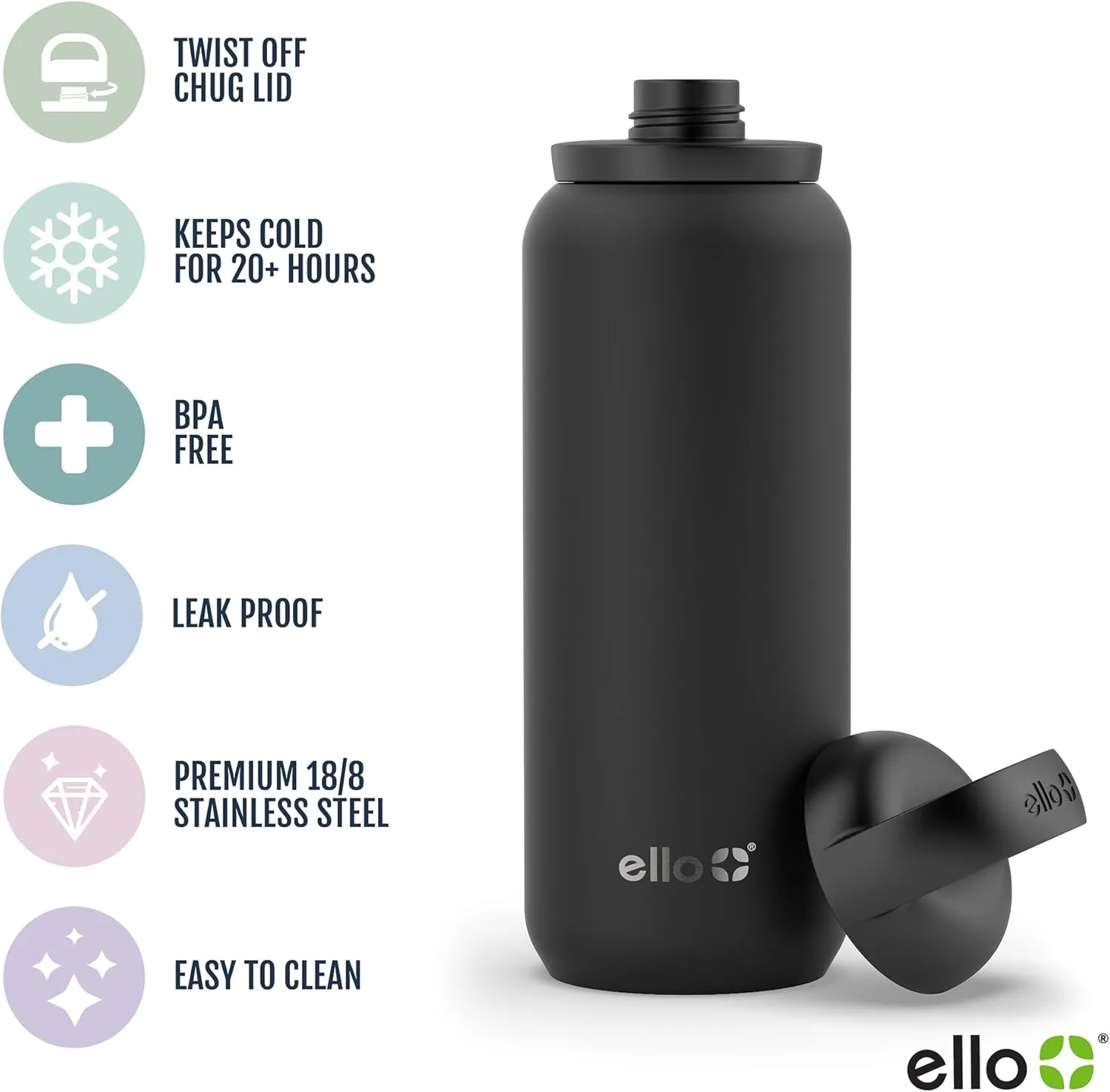 Ello Cooper Twist 32oz Stainless Steel Water Bottle with Chug Lid | Leak Proof | Double Walled and Vacuum Insulated | Built in Carry Loop | Dishwasher Safe | Black