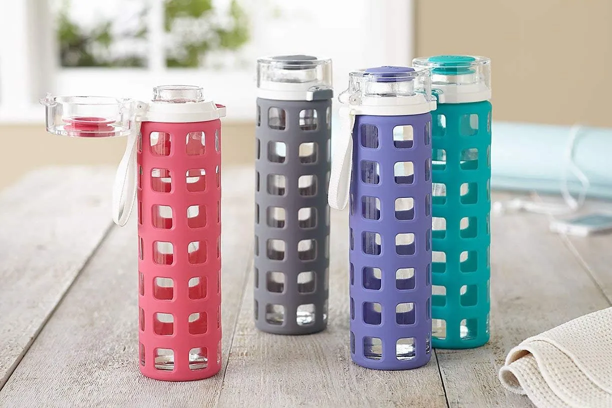 Ello Syndicate 20oz Reusable Glass Water Bottle with One-Touch Leak Proof Flip Lid and Protective Non-Slip Silicone Sleeve and Carry Loop for Coffee, Tea and Water, BPA-free Dishwasher Safe