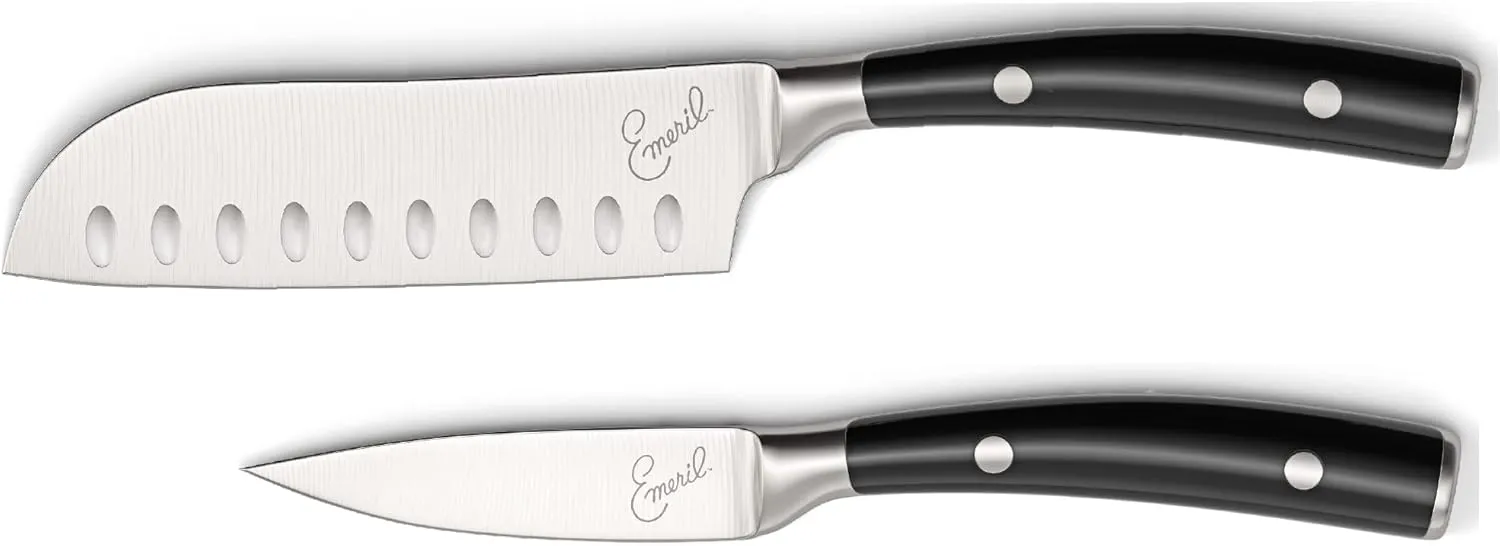 Emeril Lagasse Razor Sharp 2 Piece Chef Knife Set - 5 inch Santoku Knife, 3.5 Inch Stainless Steel Paring Knife, Forged Steel Clad Emerilware - Black Handles