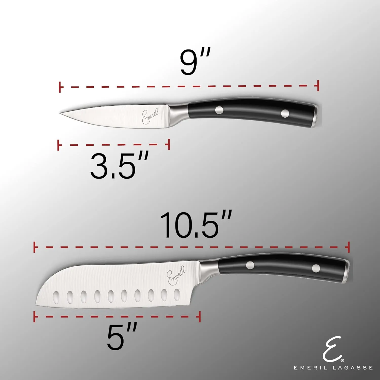 Emeril Lagasse Razor Sharp 2 Piece Chef Knife Set - 5 inch Santoku Knife, 3.5 Inch Stainless Steel Paring Knife, Forged Steel Clad Emerilware - Black Handles