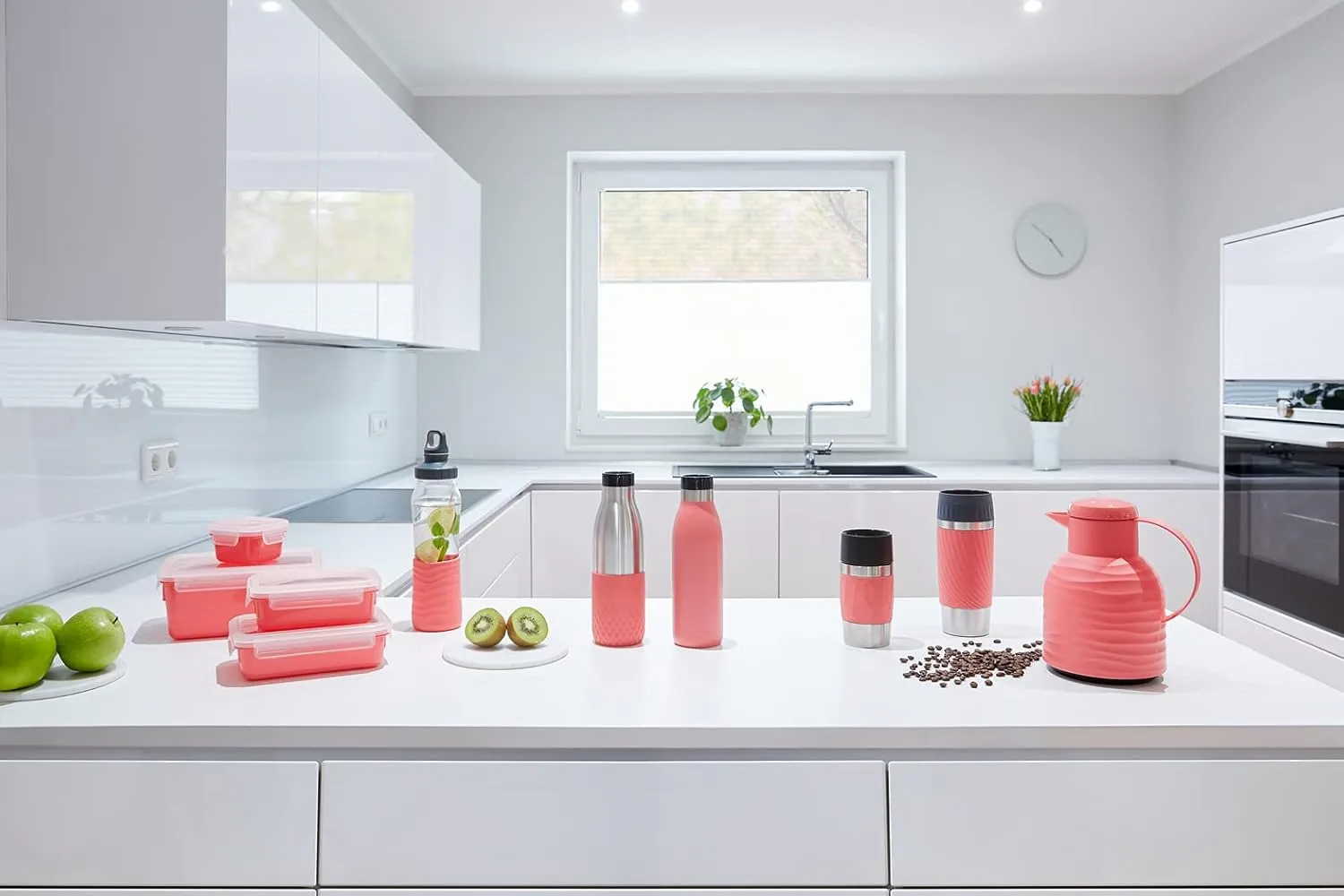Emsa, BluDrop Water Bottle, 0.5L Capacity, 18/10 Stainless Steel Thermal Bottle, 100% Airtight and BPA Free with Quick-Press Closure, Soft-Touch Coating, Coral