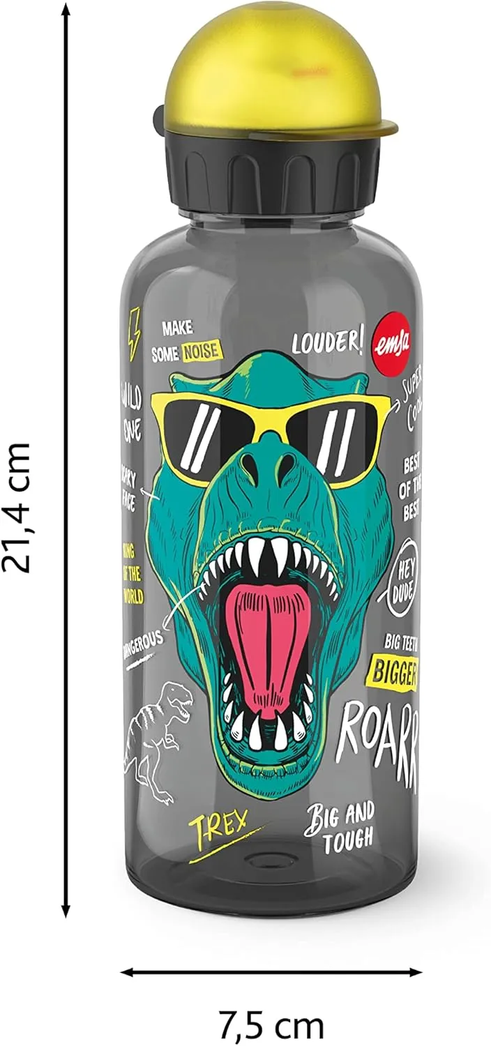 Emsa N30603 Teens Tritan Drinking Bottle | Capacity: 0.6 Litres | 100% Safe/Practical/Hygienic/Leak/Safe | Clever Drinking Cap | Robust | Design: Dino Roarr