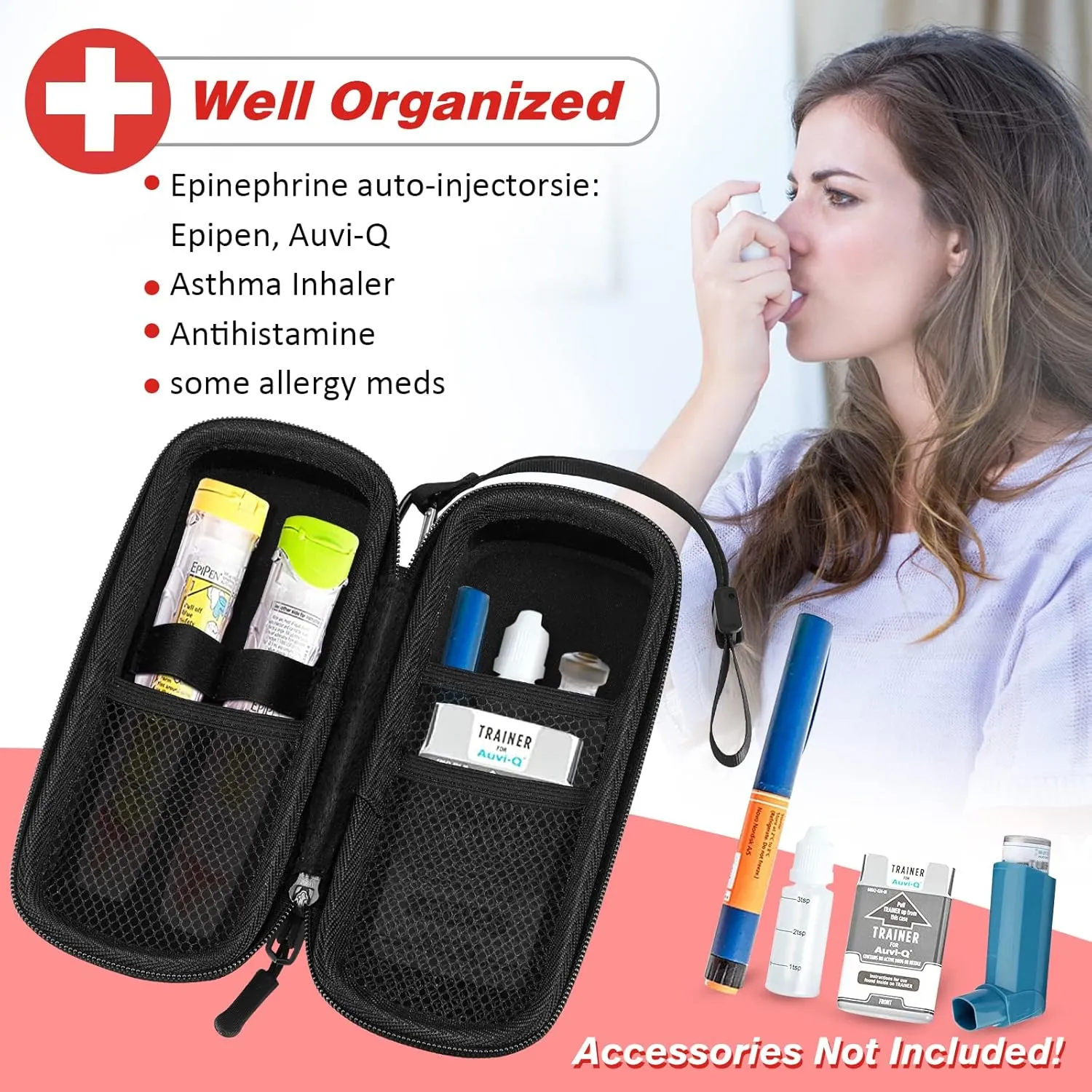 Epipen Medical Carrying Case, Hard Shell EVA Shock Absorption Travel Medication Organizer Bag Emergency Medical Pouch Holds 2 EpiPens, Asthma Inhaler, Auvi-Q, Allergy Medicine Essentials (Red)