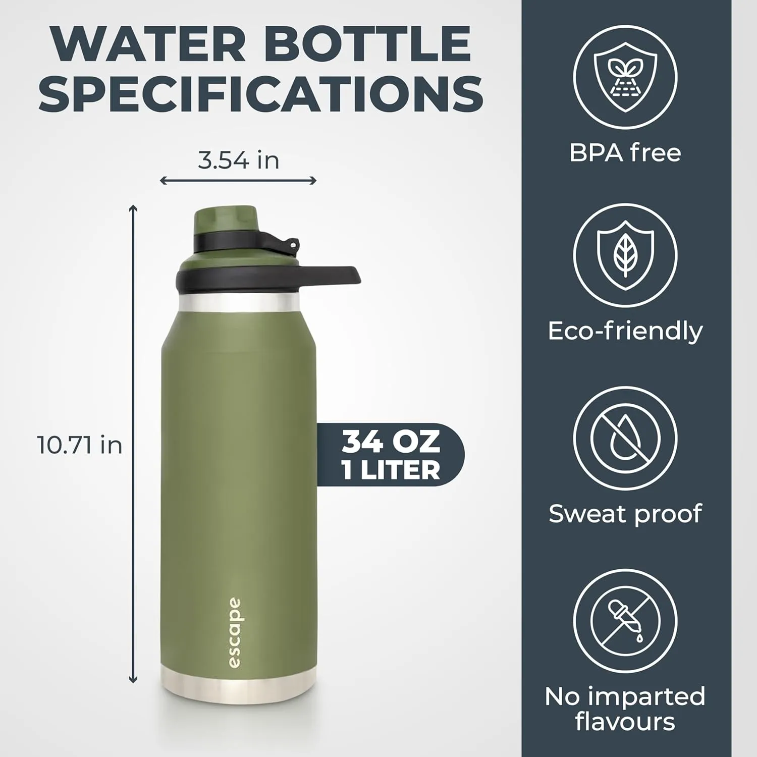 Escape 1 Liter Water Bottle Ideal for Gym Dishwasher Safe 34 oz Insulated Stainless Steel that Keeps Hot & Cold Wide Mouth WHITE
