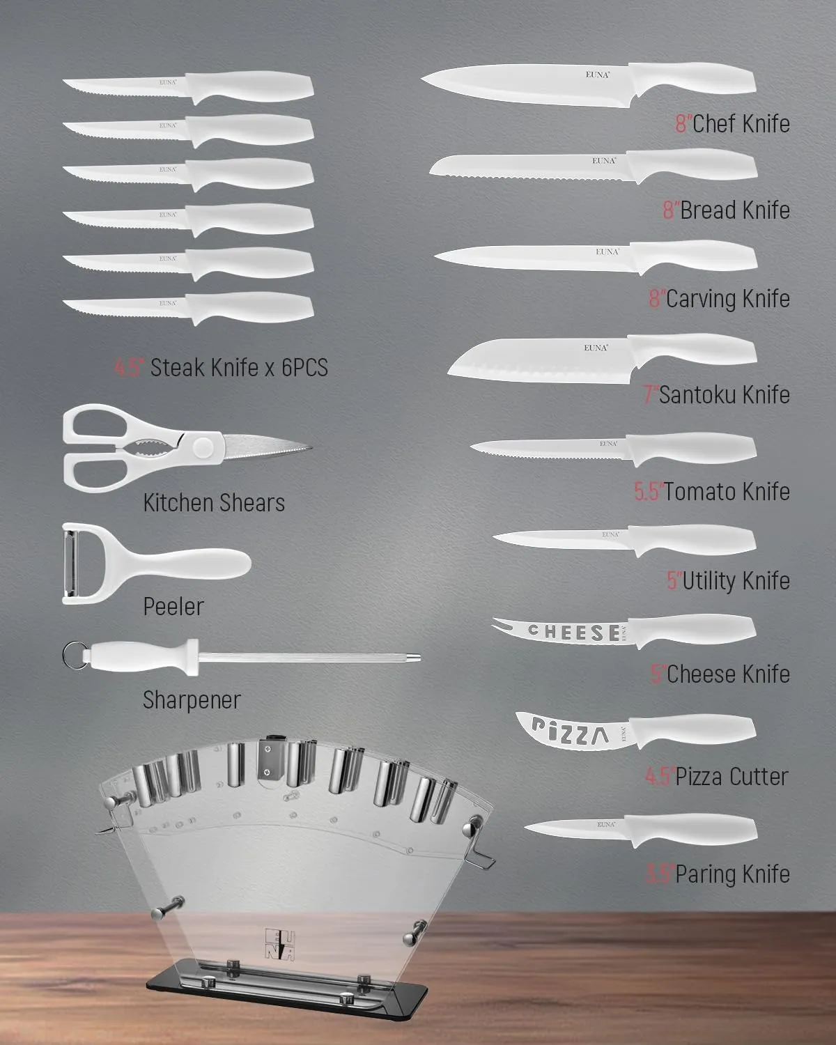 EUNA Knife Block Set, 19 PCS White Kitchen Knife Set with Acrylic Block and Sharpener, German High-Carbon Stainless Steel Knife Sets with 6 Serrated Steak Knives, Chef Knife, Dishwasher Safe
