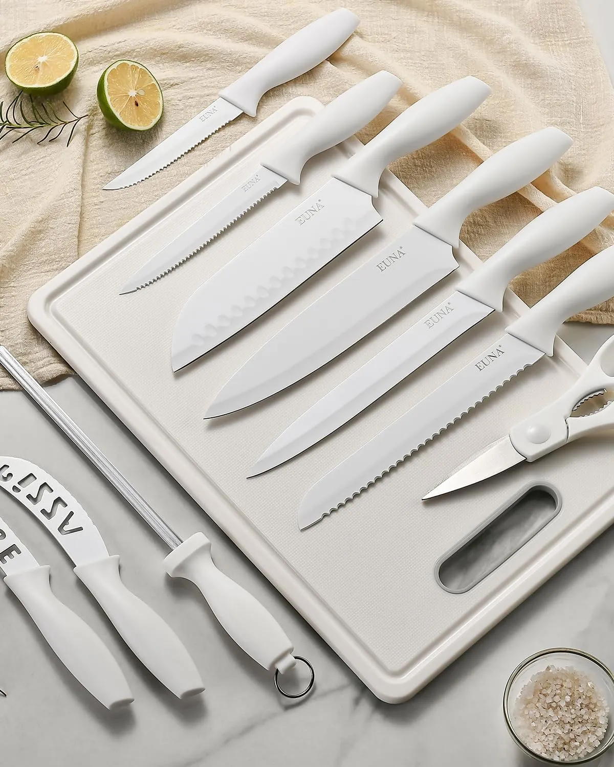 EUNA Knife Block Set, 19 PCS White Kitchen Knife Set with Acrylic Block and Sharpener, German High-Carbon Stainless Steel Knife Sets with 6 Serrated Steak Knives, Chef Knife, Dishwasher Safe