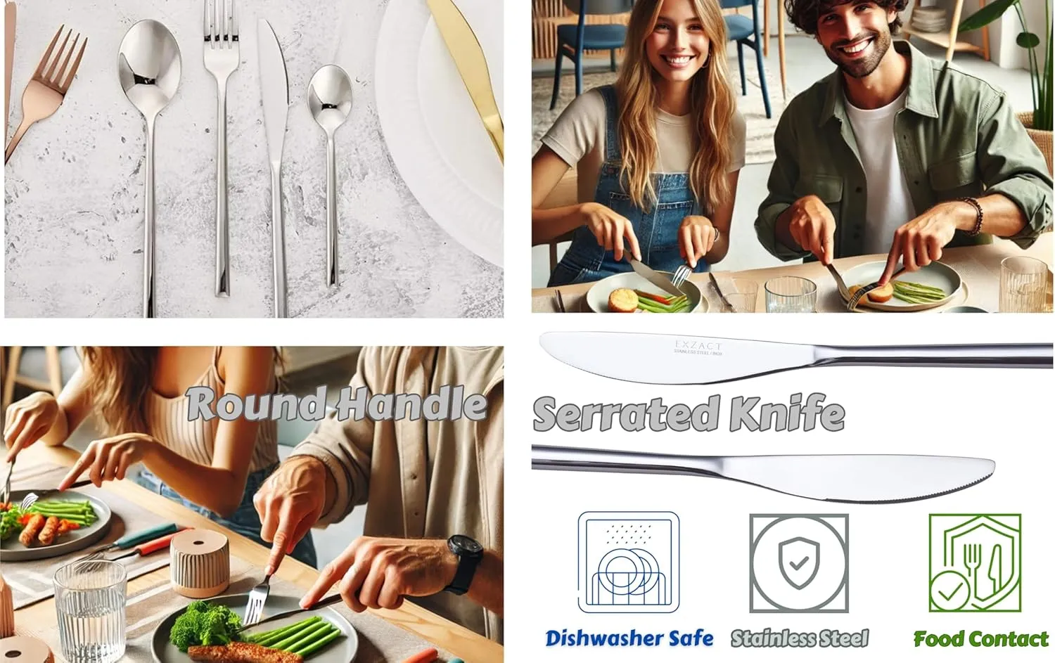 EXZACT Flatware Set 24-Piece, Silverware Hand-Forged Stainless Steel, Service for 6 Includes 6 Dinner Forks, 6 Knives, 6 Tablespoons, 6 Teaspoons – Mirror Polished, Dishwasher Safe