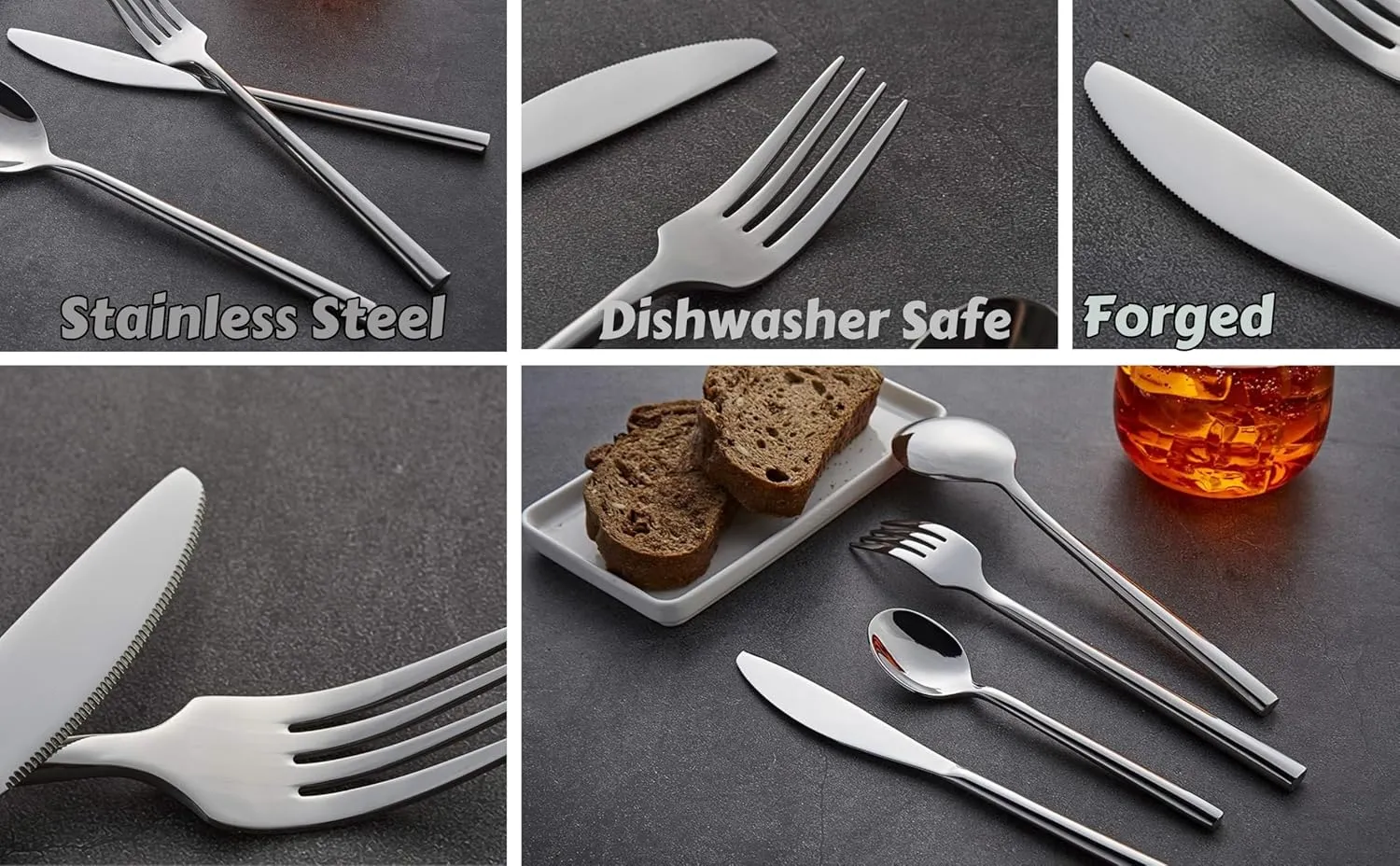 EXZACT Flatware Set 24-Piece, Silverware Hand-Forged Stainless Steel, Service for 6 Includes 6 Dinner Forks, 6 Knives, 6 Tablespoons, 6 Teaspoons – Mirror Polished, Dishwasher Safe