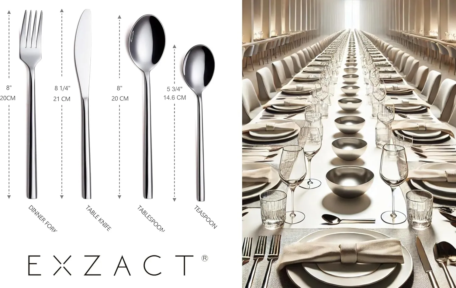 EXZACT Flatware Set 24-Piece, Silverware Hand-Forged Stainless Steel, Service for 6 Includes 6 Dinner Forks, 6 Knives, 6 Tablespoons, 6 Teaspoons – Mirror Polished, Dishwasher Safe