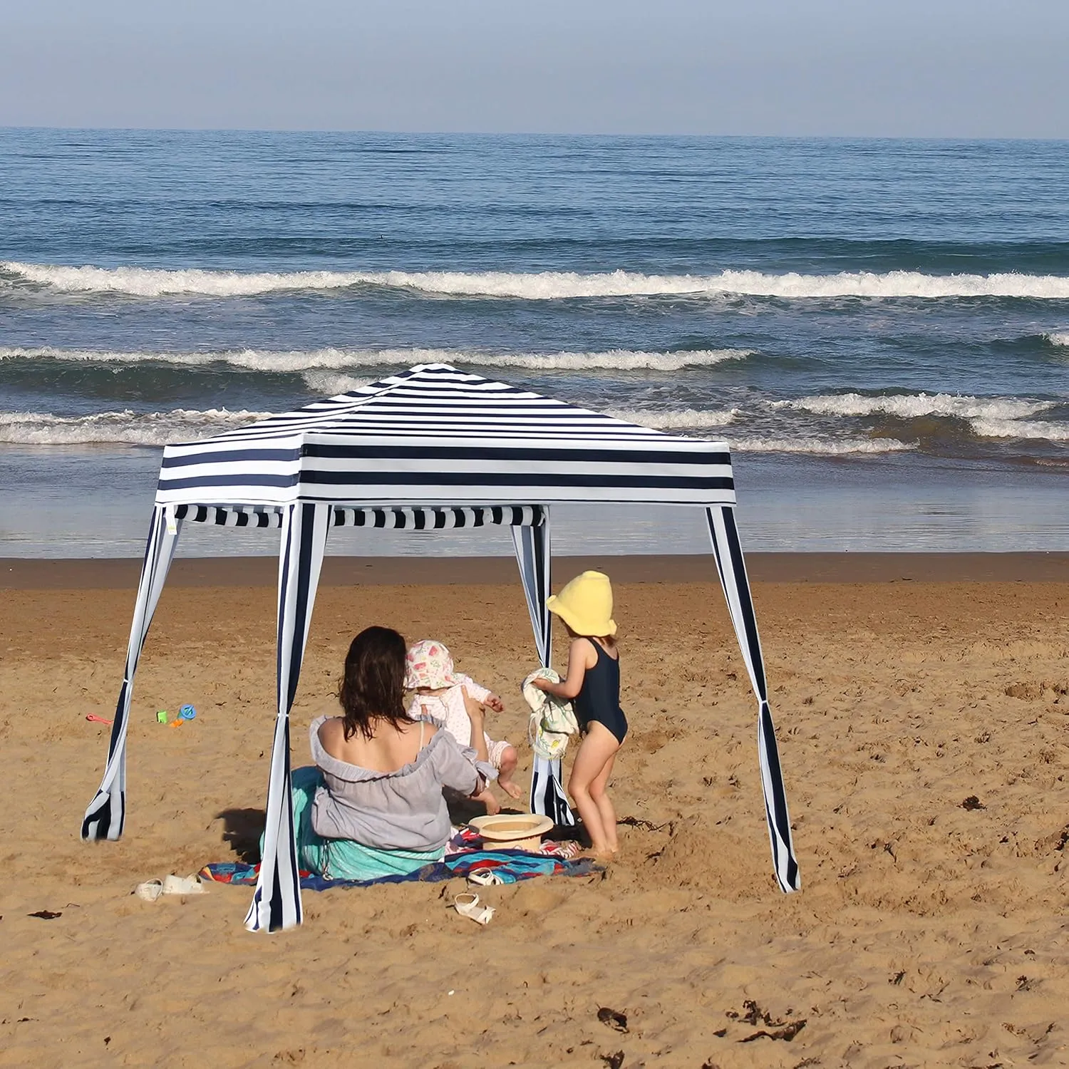 EzyFast Compact Pop Up Canopy Tent, Collapsible Instant Shelter,Portable Sports Cabana, with Built-in Weight Bags, 8 x 8 ft Base / 6 x 6 ft Top for Camping,Hiking,Fishing,Picnic (Classical Stripe)