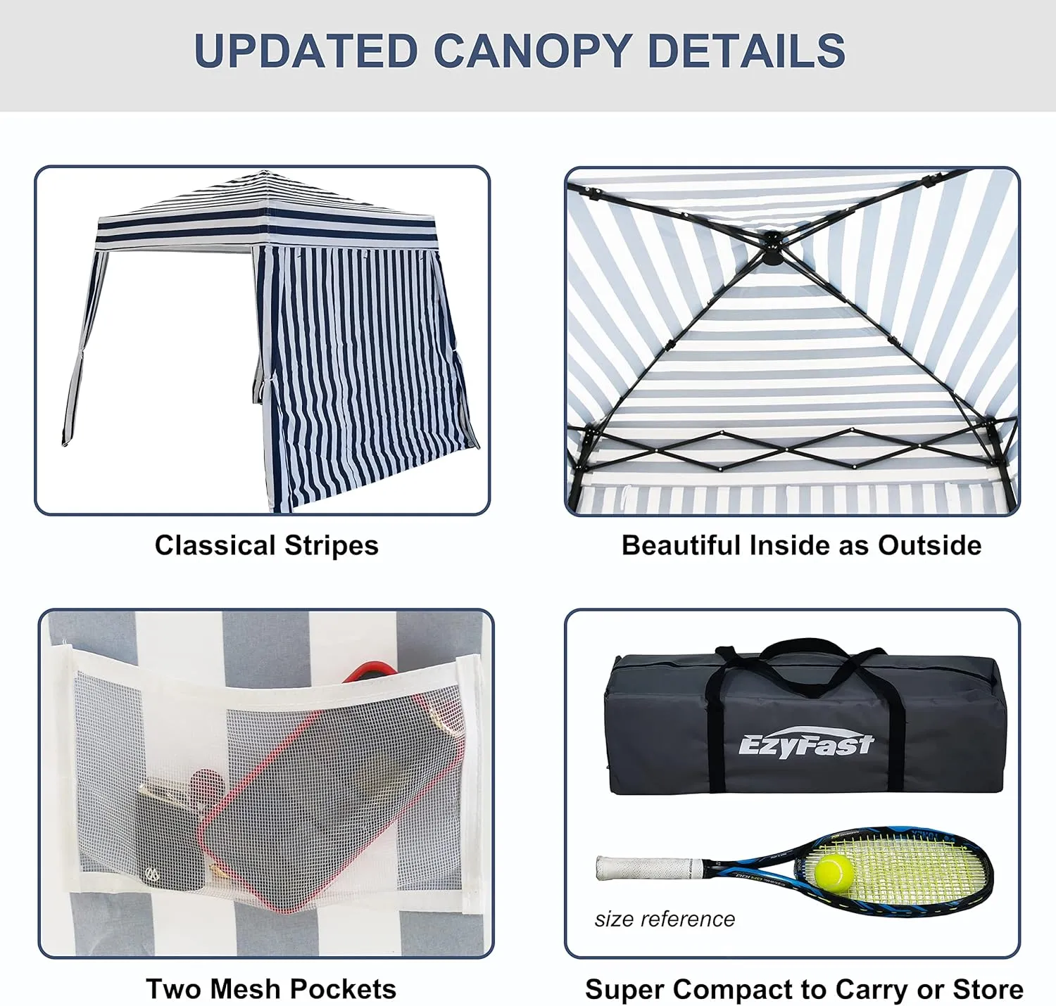 EzyFast Compact Pop Up Canopy Tent, Collapsible Instant Shelter,Portable Sports Cabana, with Built-in Weight Bags, 8 x 8 ft Base / 6 x 6 ft Top for Camping,Hiking,Fishing,Picnic (Classical Stripe)