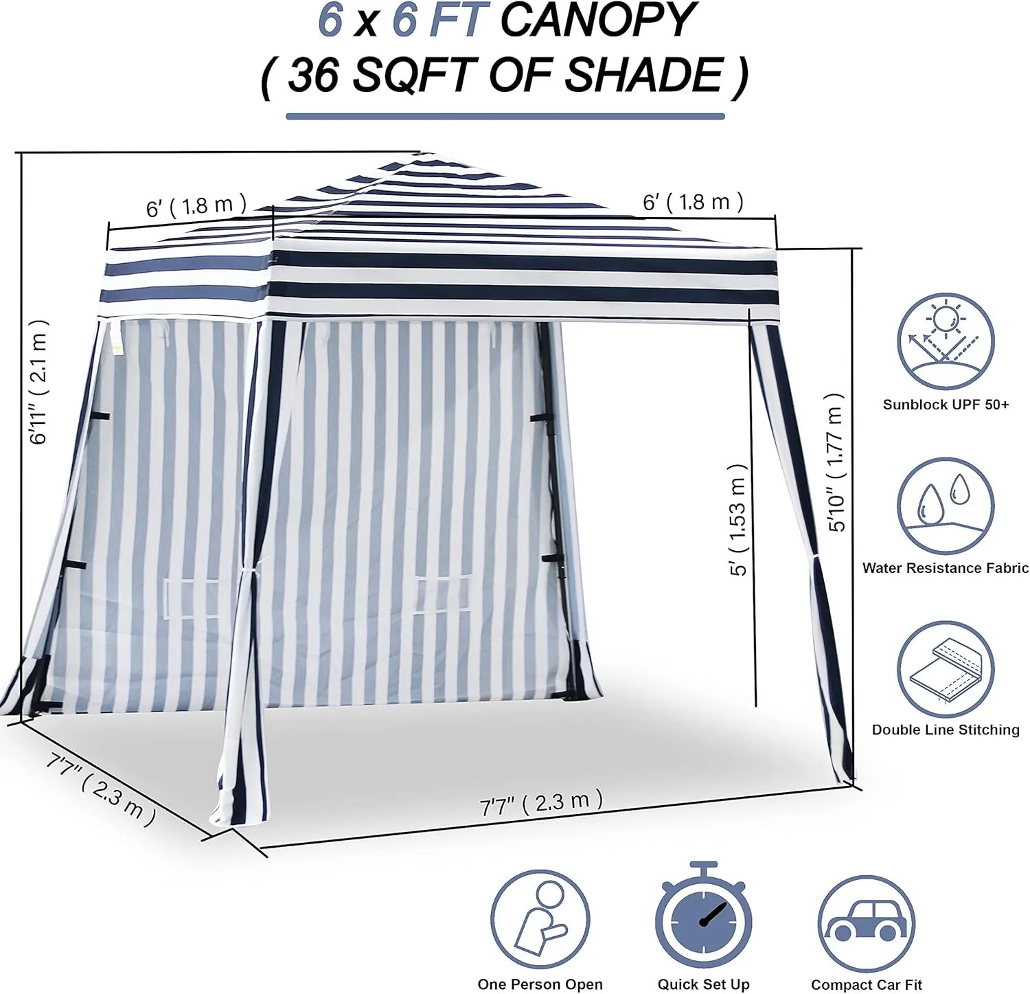 EzyFast Compact Pop Up Canopy Tent, Collapsible Instant Shelter,Portable Sports Cabana, with Built-in Weight Bags, 8 x 8 ft Base / 6 x 6 ft Top for Camping,Hiking,Fishing,Picnic (Classical Stripe)