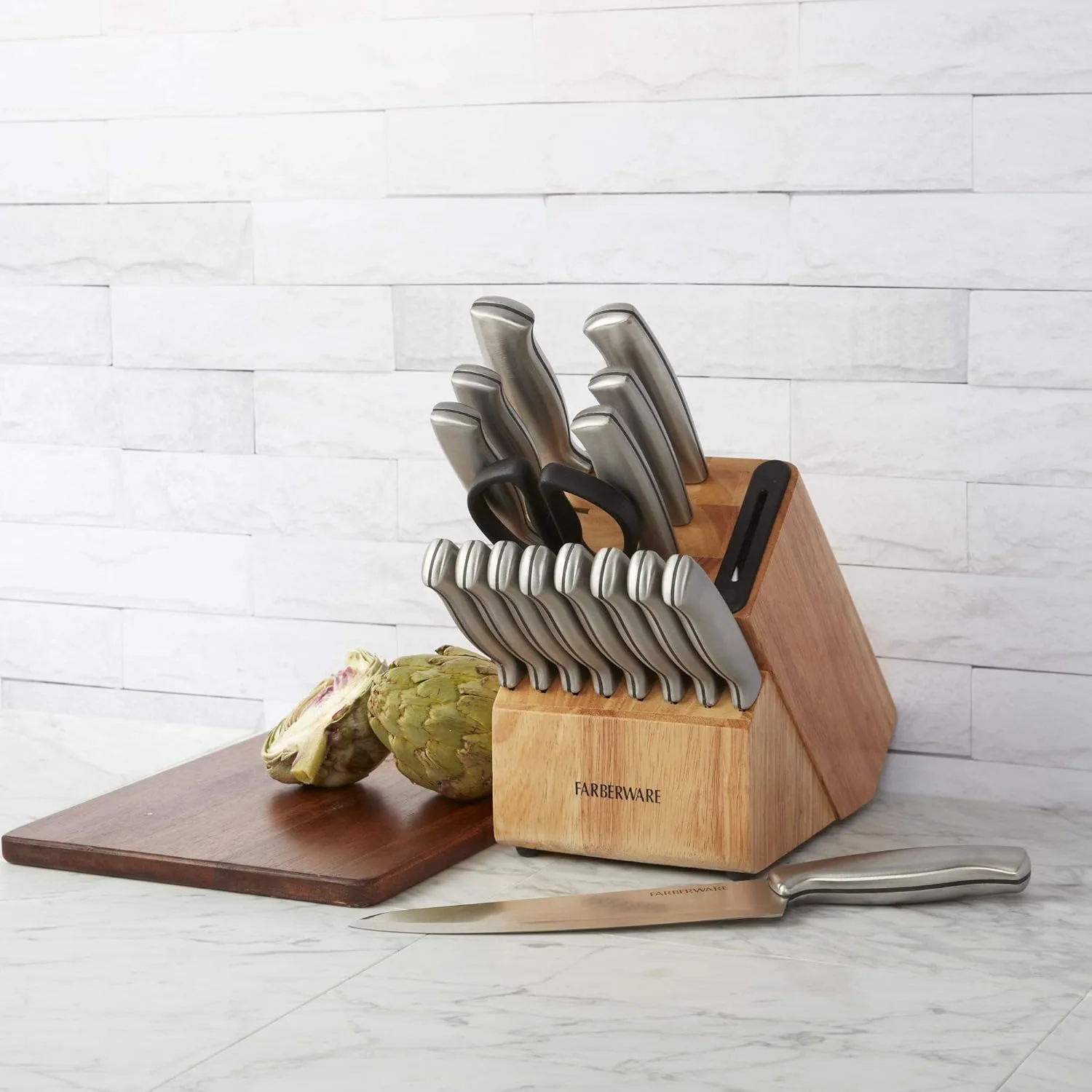 Farberware Edgekeeper Stainless Steel Block Set with Built in Knife Sharpener, 16-piece, Natural