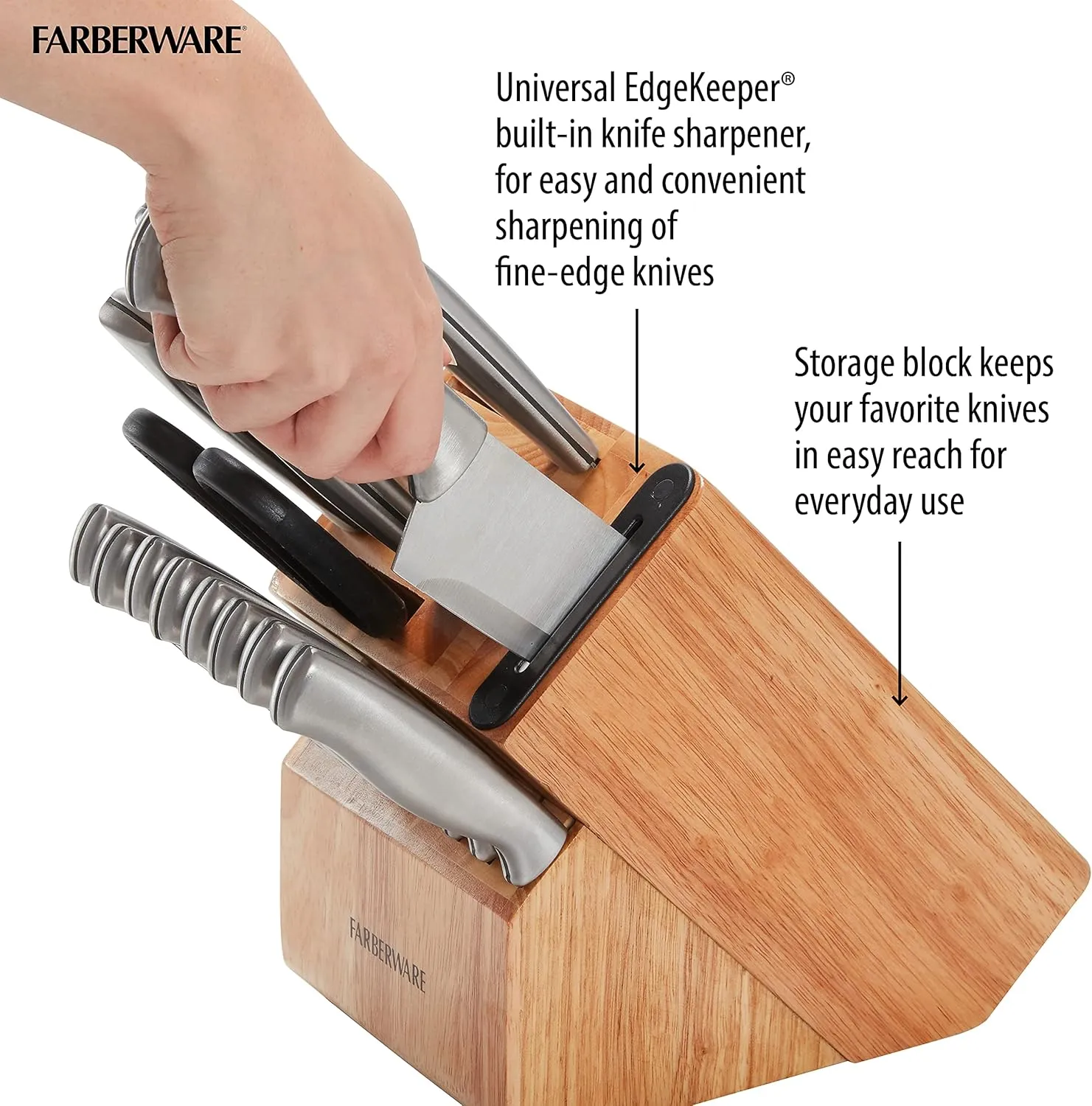 Farberware Edgekeeper Stainless Steel Block Set with Built in Knife Sharpener, 16-piece, Natural