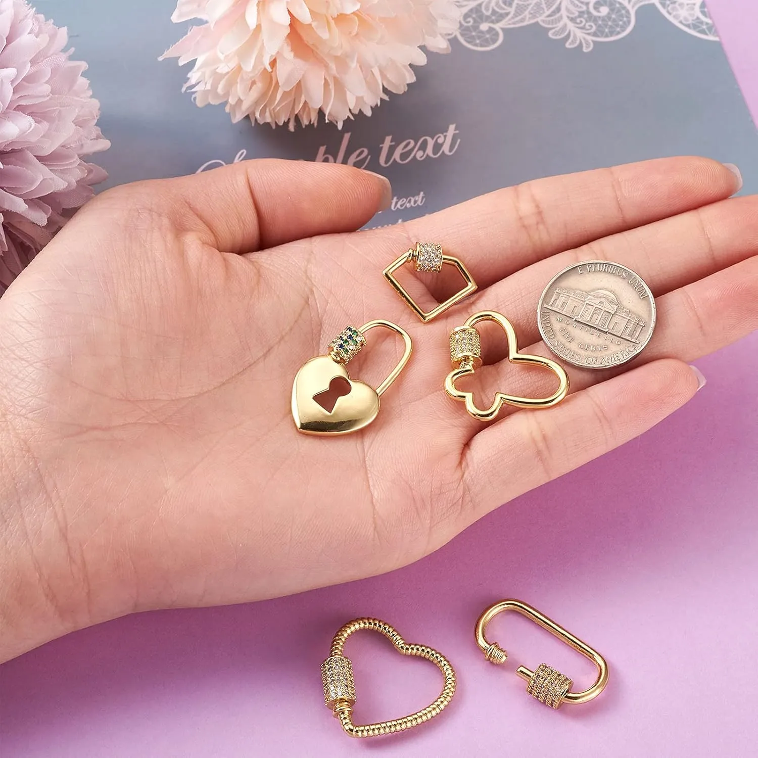 FASHEWELRY 6Pcs Brass Cubic Zirconia Screw Carabiner Lock Charms 6 Styles Oval Heart Star Necklace Lock Clip Charms for DIY Jewelry Making
