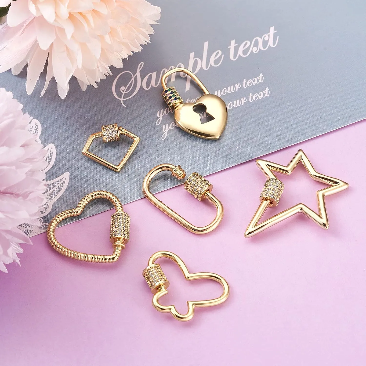 FASHEWELRY 6Pcs Brass Cubic Zirconia Screw Carabiner Lock Charms 6 Styles Oval Heart Star Necklace Lock Clip Charms for DIY Jewelry Making