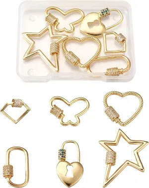 FASHEWELRY 6Pcs Brass Cubic Zirconia Screw Carabiner Lock Charms 6 Styles Oval Heart Star Necklace Lock Clip Charms for DIY Jewelry Making