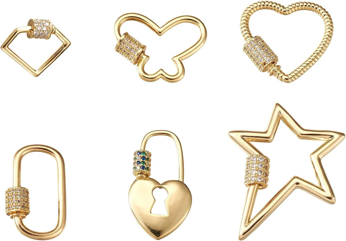 FASHEWELRY 6Pcs Brass Cubic Zirconia Screw Carabiner Lock Charms 6 Styles Oval Heart Star Necklace Lock Clip Charms for DIY Jewelry Making