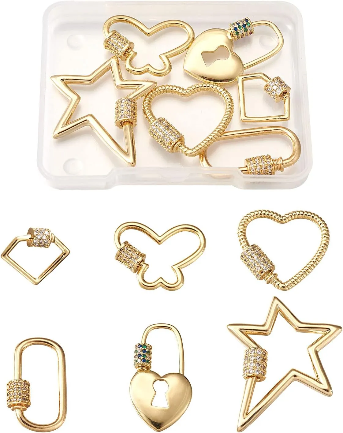 FASHEWELRY 6Pcs Brass Cubic Zirconia Screw Carabiner Lock Charms 6 Styles Oval Heart Star Necklace Lock Clip Charms for DIY Jewelry Making
