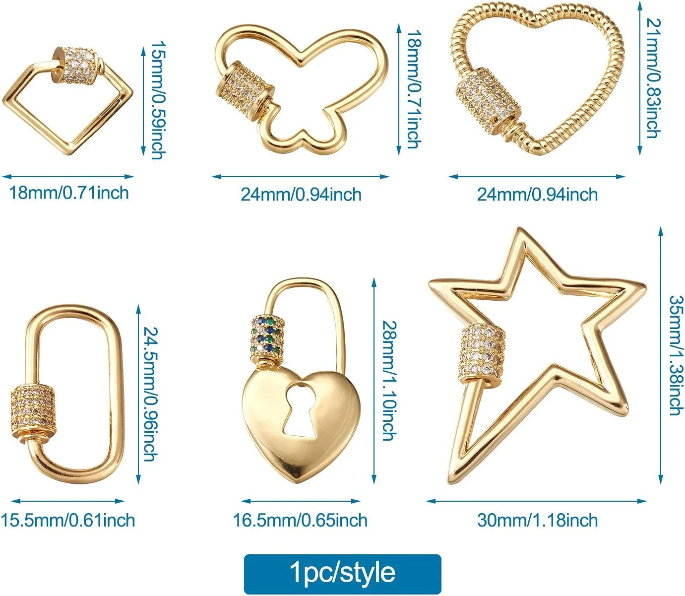 FASHEWELRY 6Pcs Brass Cubic Zirconia Screw Carabiner Lock Charms 6 Styles Oval Heart Star Necklace Lock Clip Charms for DIY Jewelry Making