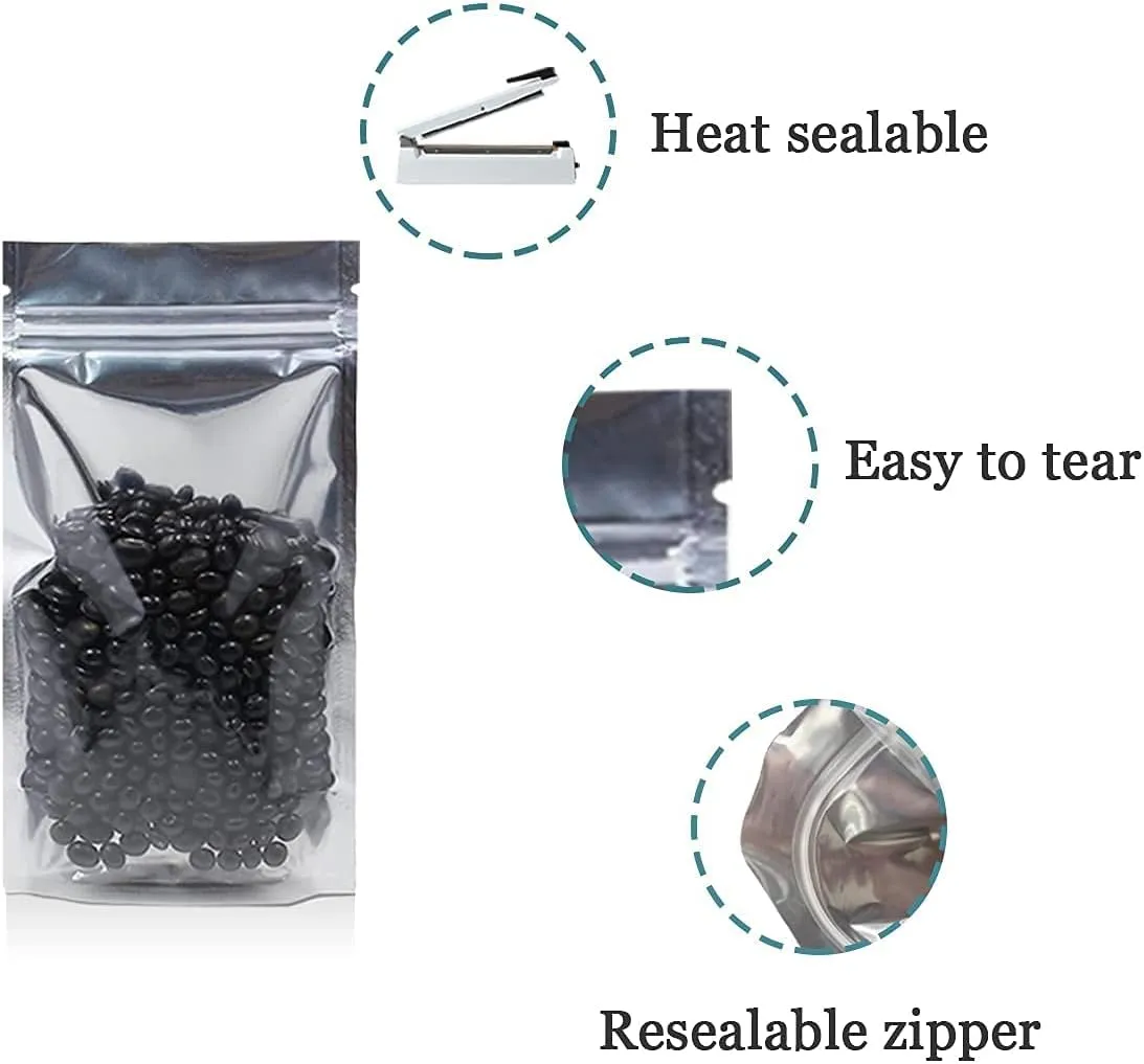 FERENLI 100 Pieces Stand Up Clear Front Zipper Lock Resealable Aluminum Mylar Foil Plastic Packaging Bag for Zip Heat Seal Package Lock with Tear Notch Long Term Food Storage 7.1x10.2 inch