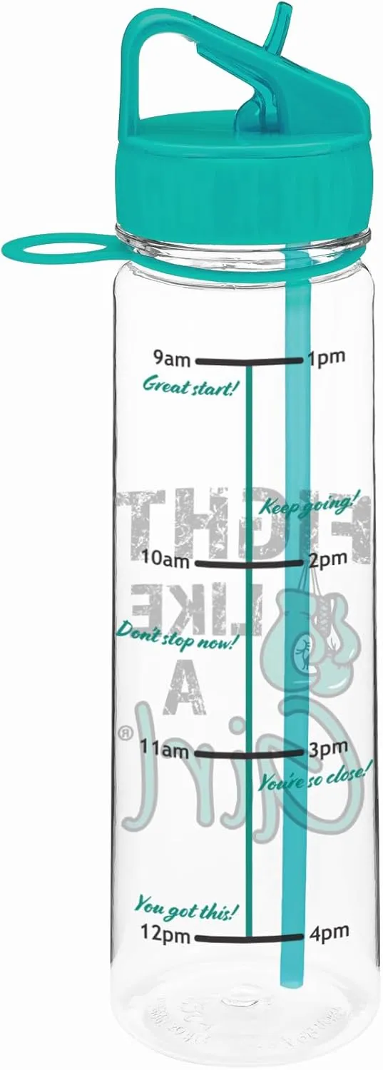 Fight Like a Girl Knockout SlimKim Water Sports Bottle 30 oz for Ovarian Cancer, PCOS, PKD Awareness with Motivational Time Marker - Teal