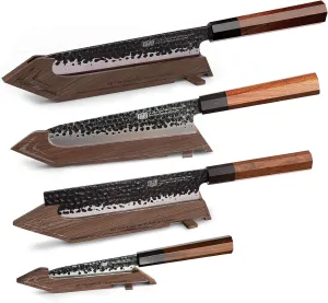 FINDKING Dynasty Series Clad Steel Knives Set of 4 Pieces and Magnetic Walnut Knife Edge Guards