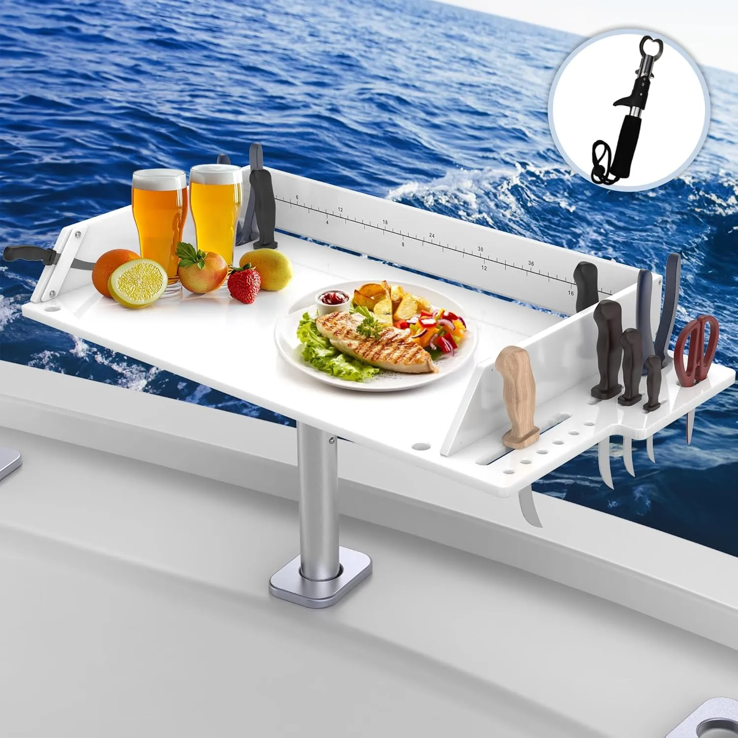 Fishing Boat Bait Cutting Board with 360°Adjustable Rotational Stopper Rod Holder Mount Side Organizer Design and Knife Slot, Easy to Install Cleaning Station Extended Boat Fish Cleaning Table