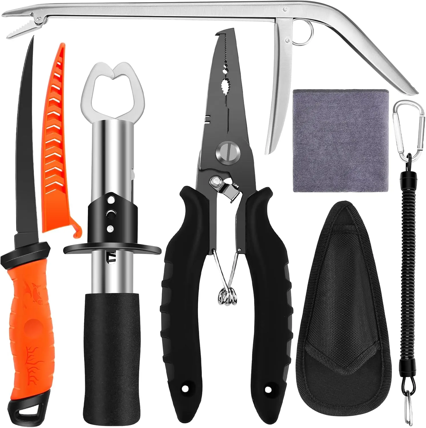 Fishing Tool Kit - Fishing Pliers, Hook Remover, Fish Gripper，Fish Scale, Fish Knife, Saltwater Fishing Gear with Sharpeners, Best Gifts for Men