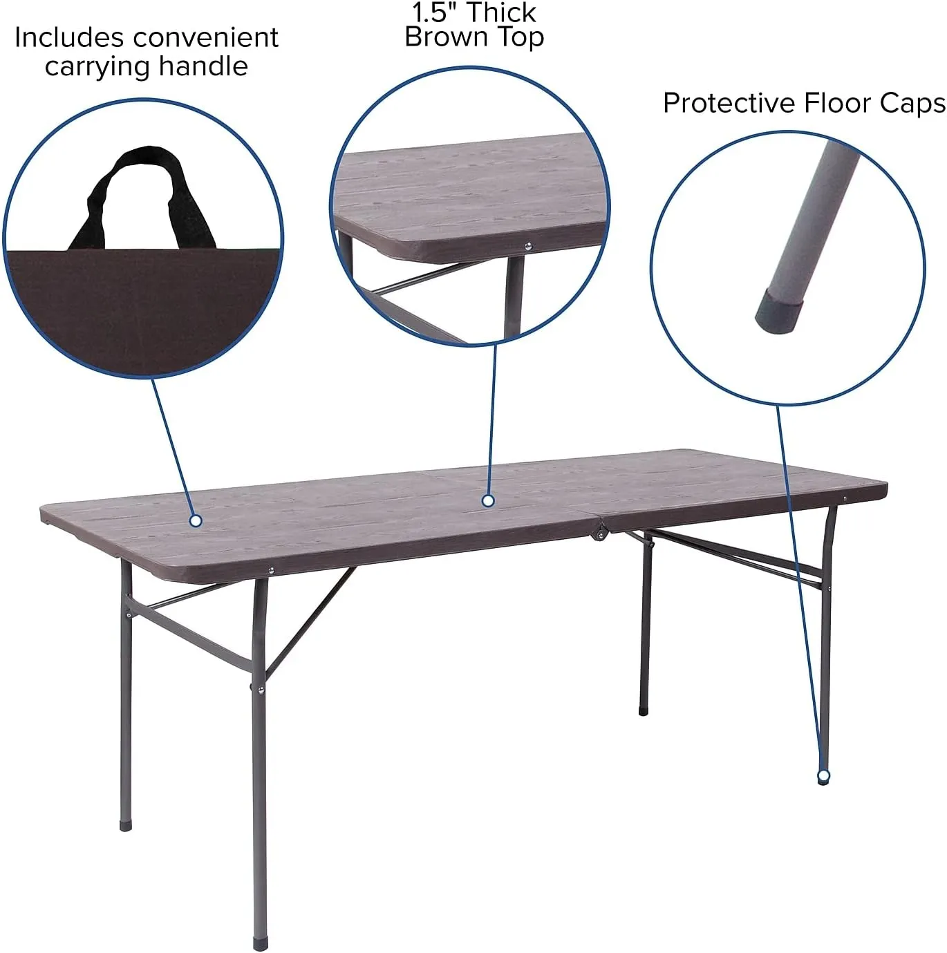 Flash Furniture Elijah 6-Foot Bi-Fold Brown Wood Grain Plastic Folding Table with Carrying Handle