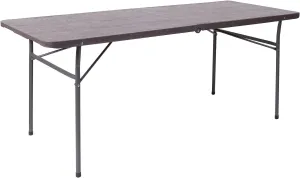 Flash Furniture Elijah 6-Foot Bi-Fold Brown Wood Grain Plastic Folding Table with Carrying Handle