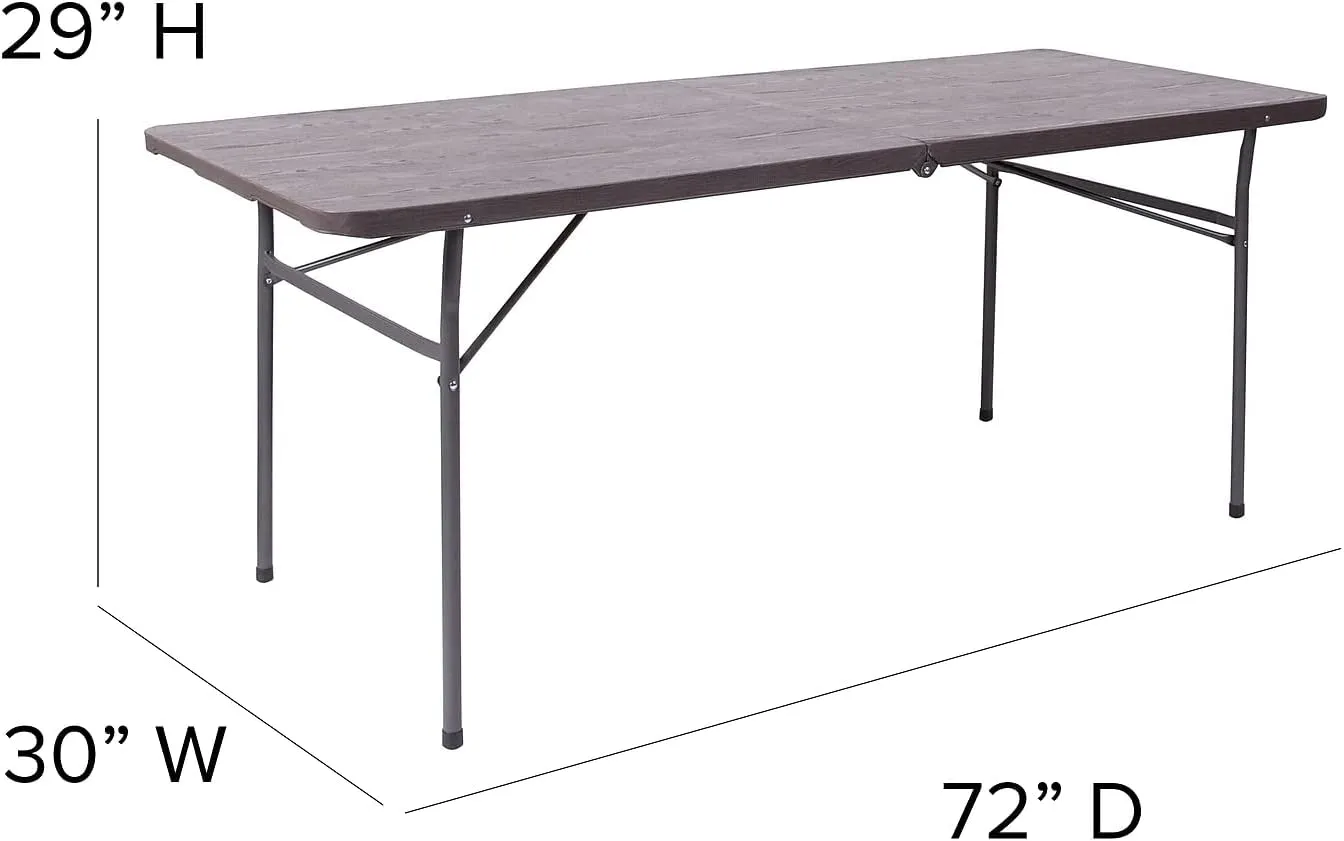 Flash Furniture Elijah 6-Foot Bi-Fold Brown Wood Grain Plastic Folding Table with Carrying Handle