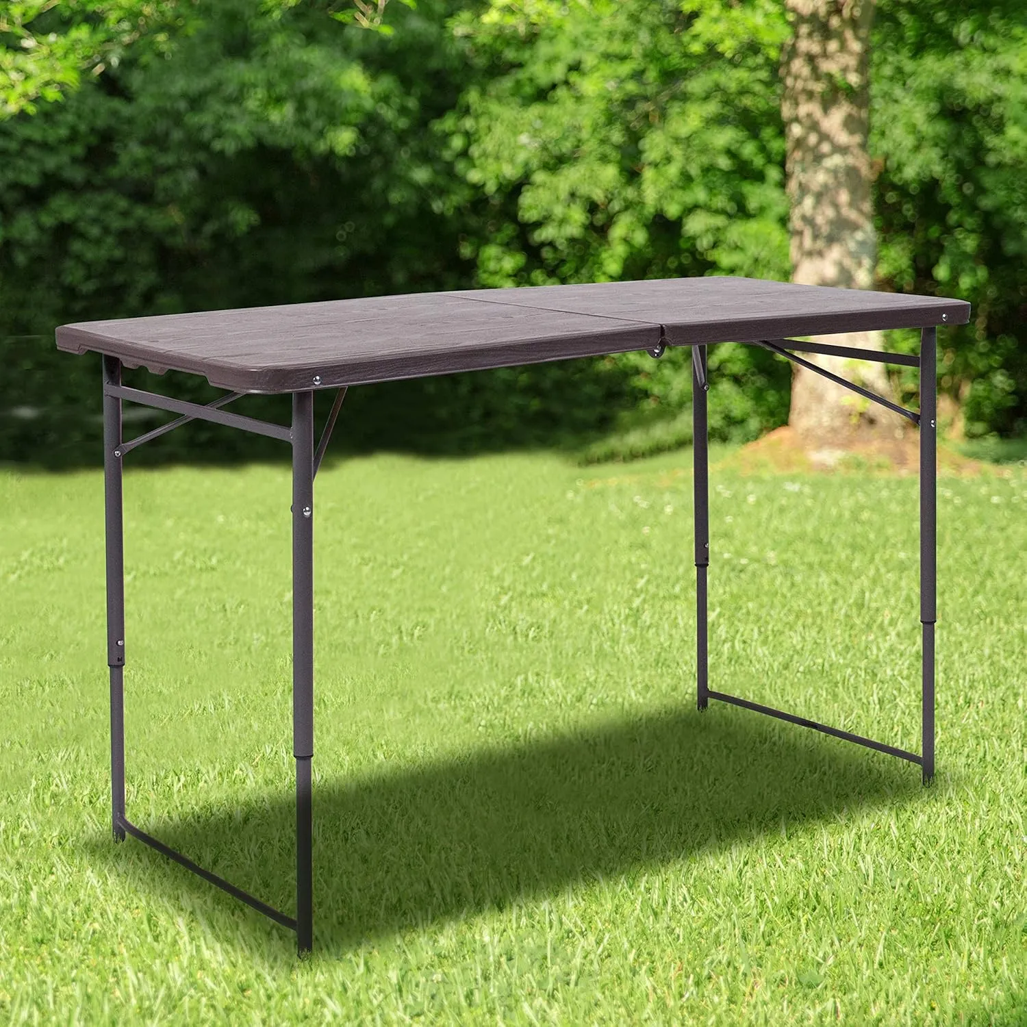 Flash Furniture Mills 4-Foot Height Adjustable Bi-Fold Brown Wood Grain Plastic Folding Table with Carrying Handle