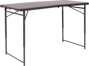 Flash Furniture Mills 4-Foot Height Adjustable Bi-Fold Brown Wood Grain Plastic Folding Table with Carrying Handle