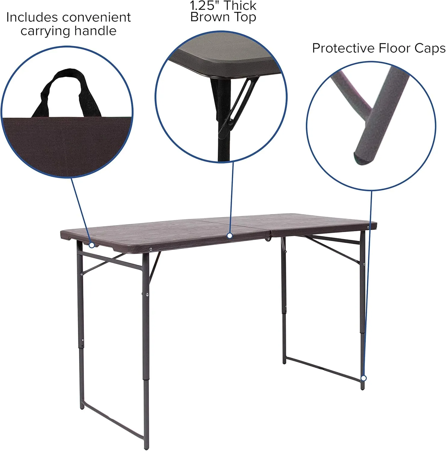 Flash Furniture Mills 4-Foot Height Adjustable Bi-Fold Brown Wood Grain Plastic Folding Table with Carrying Handle