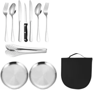 Flatware Silverware Set, Stainless Steel Portable Outdoor Meal Bag Lunch Tray Travel Camping Cutlery Knife Fork Spoon Set, Tableware Cutlery Set(Silver)