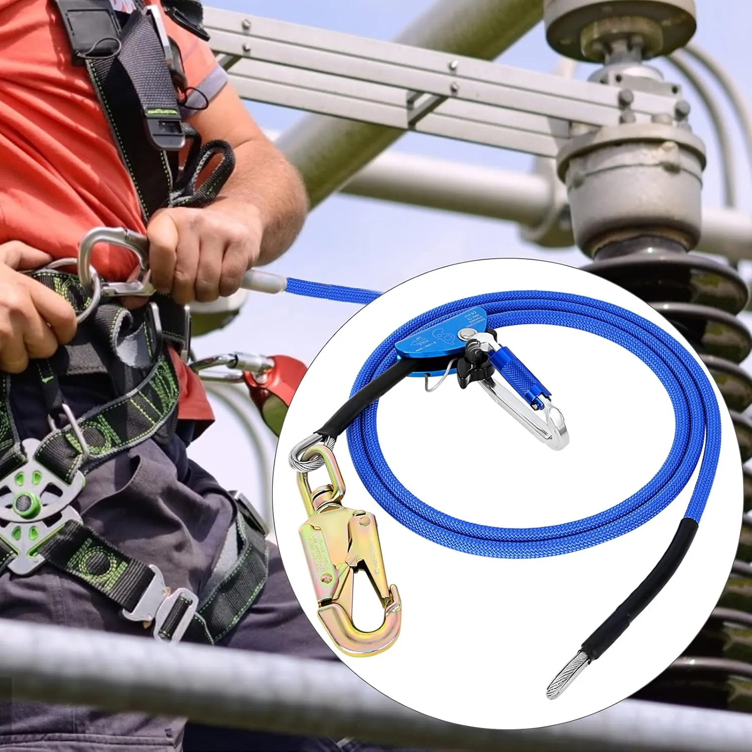 Flip Line, Wire Core Flipline 1/2" X 12', Wire Core Flip Line Kit with Triple Lock Carabiner Adjuster, Steel Swivel Snap, Climbing Flipline for Fall Protection, Arborist, Tree Climbers, Blue